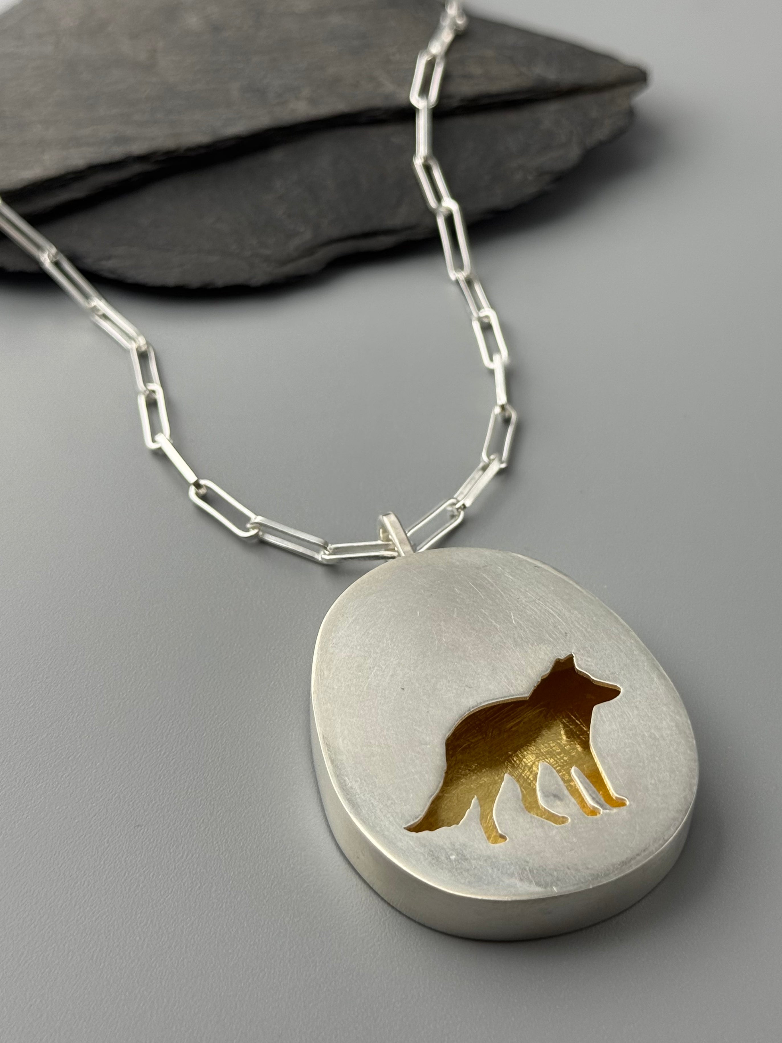•KEUM-BOO VIXEN• silver + gold fox shadowbox necklace (18" long)