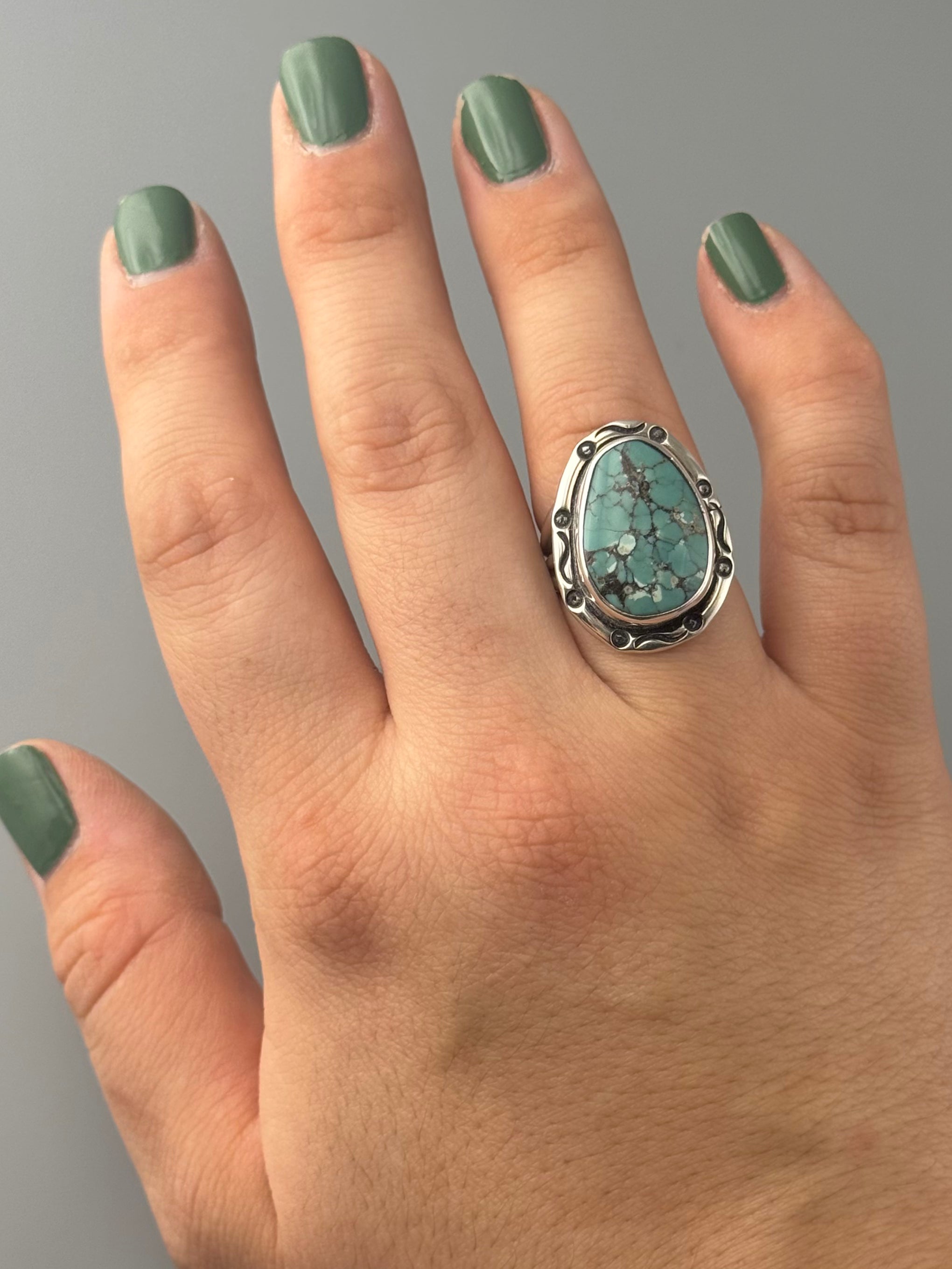 •CHINESE TURQUOISE - SMUDGE• Navajo silver ring (size 8)