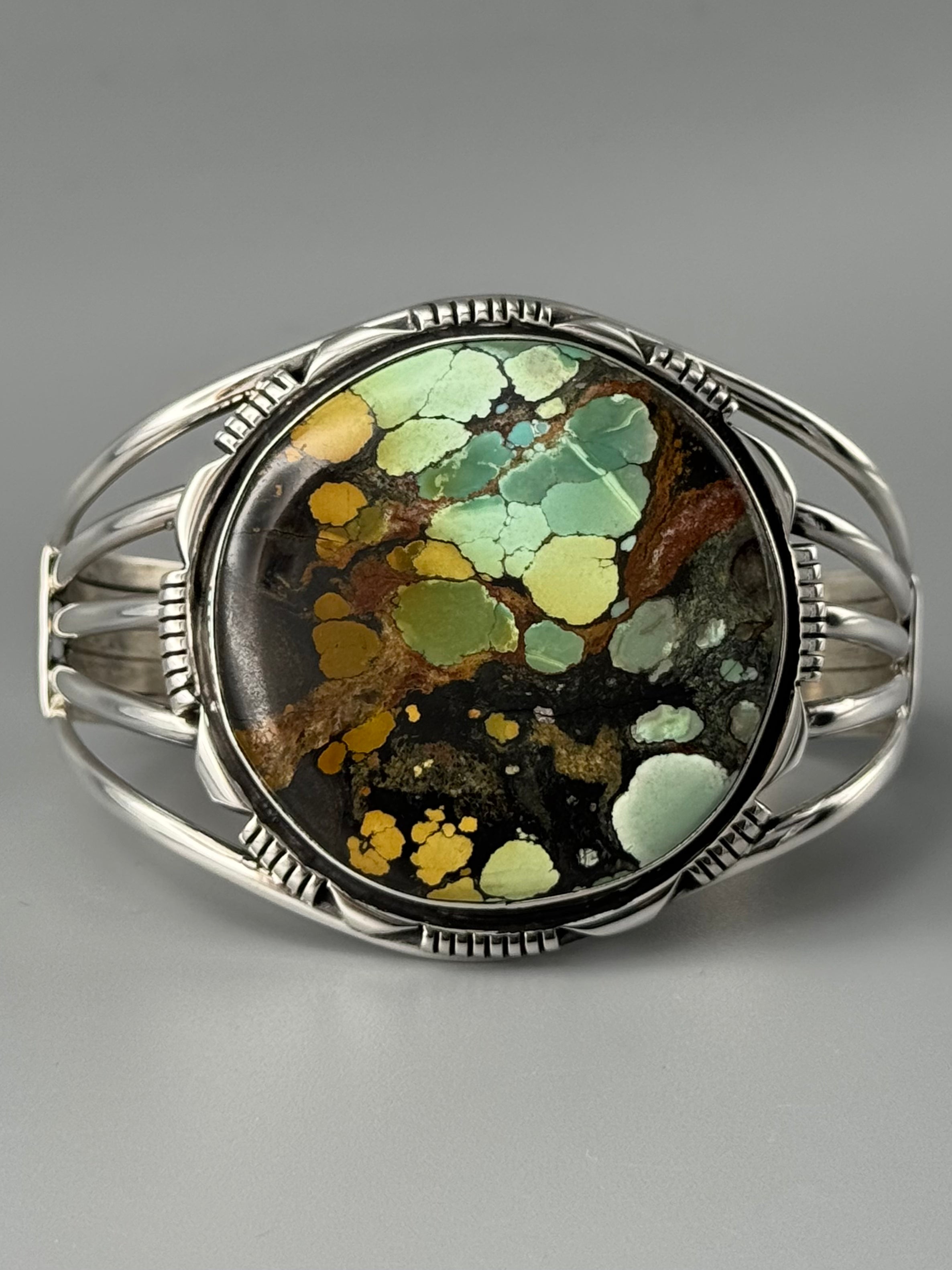 •BLACKJACK TURQUOISE - MOUNTAIN FEATHERS - 2• Navajo sterling silver cuff bracelet (7.5" +/-)