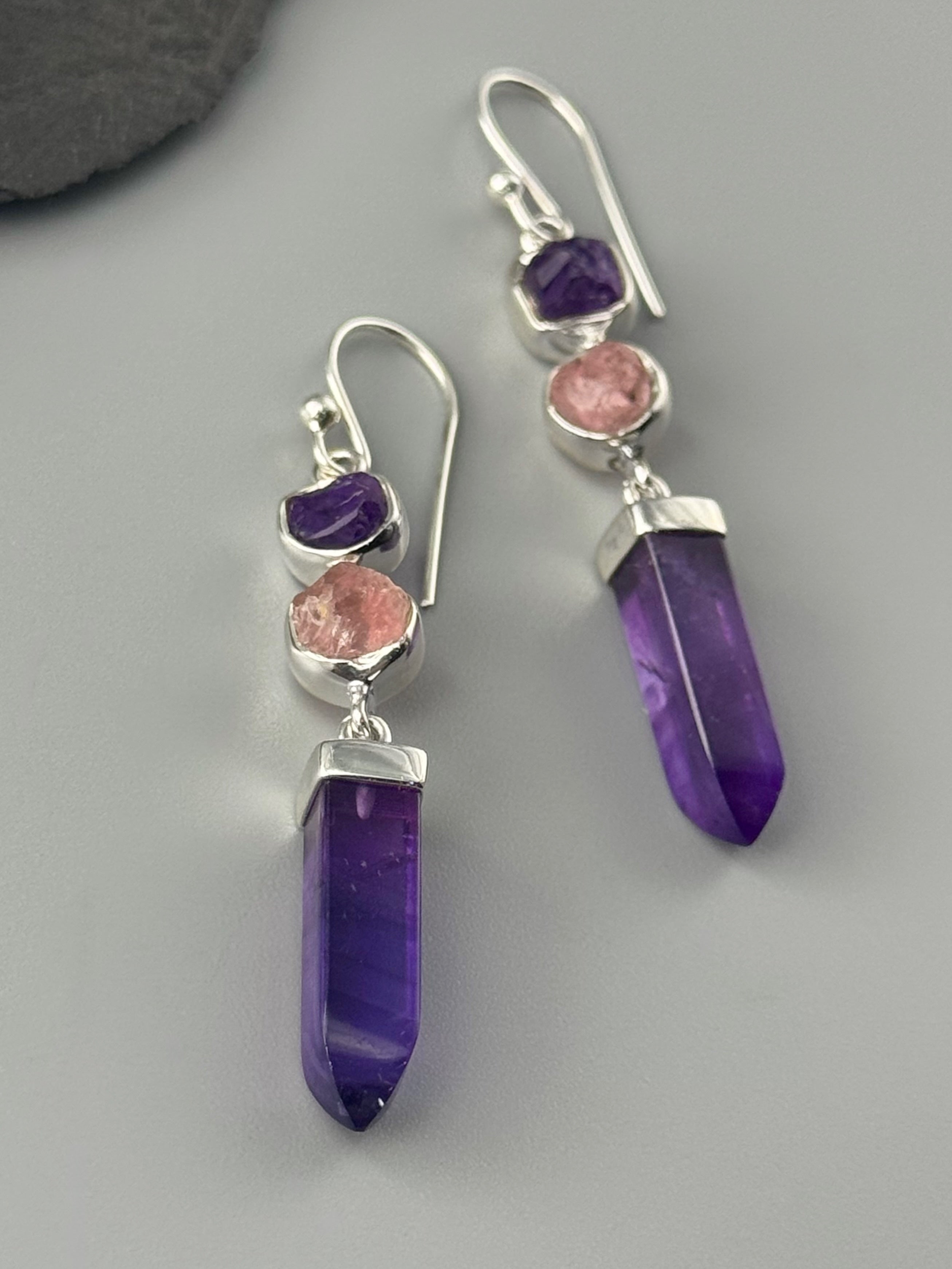•AMETHYST POINT + ROSE QUARTZ• silver dangle earrings