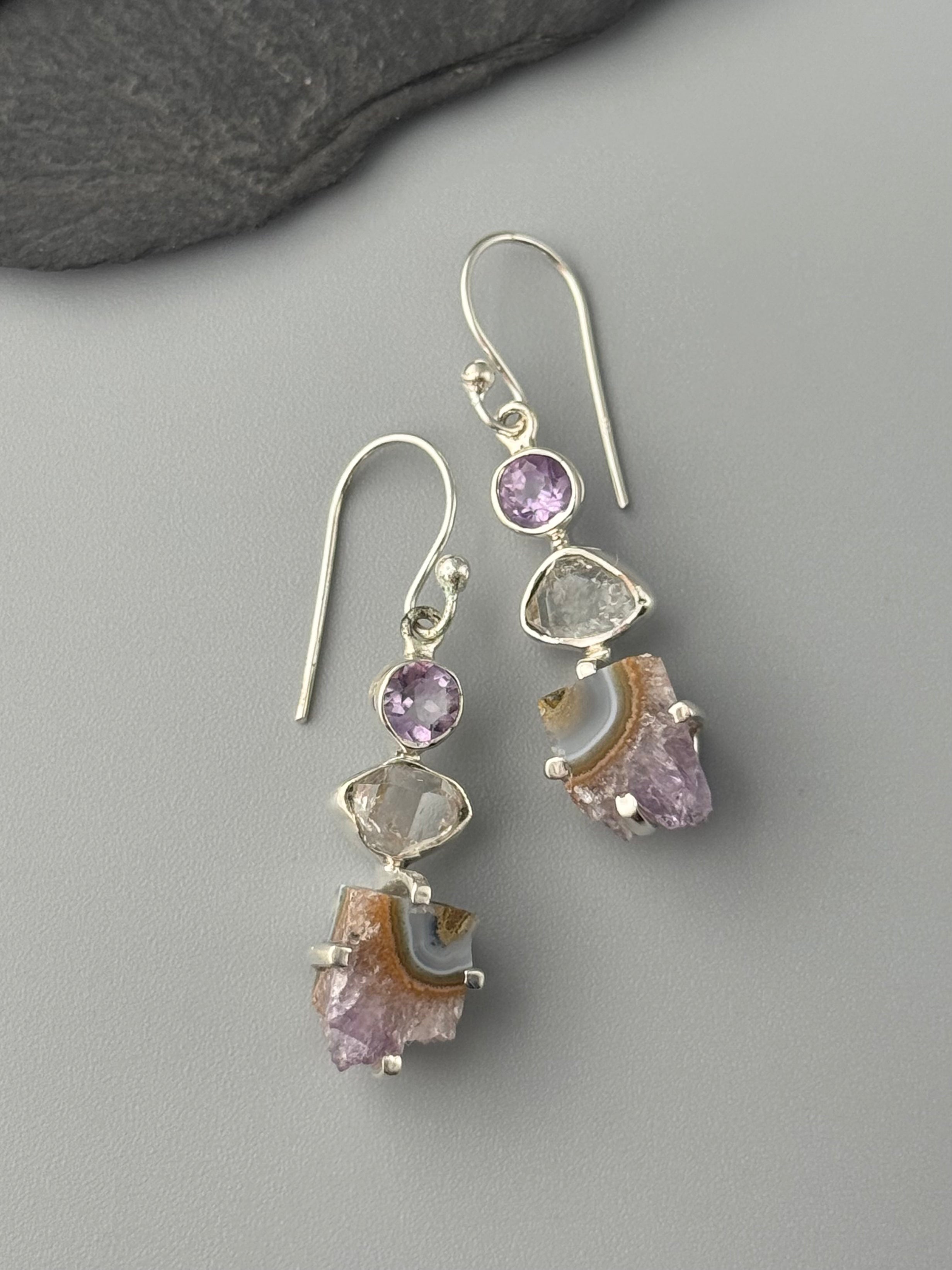 •AMETHYST + HERKIMER DIAMOND - FREEFORM STACK• silver dangle earrings