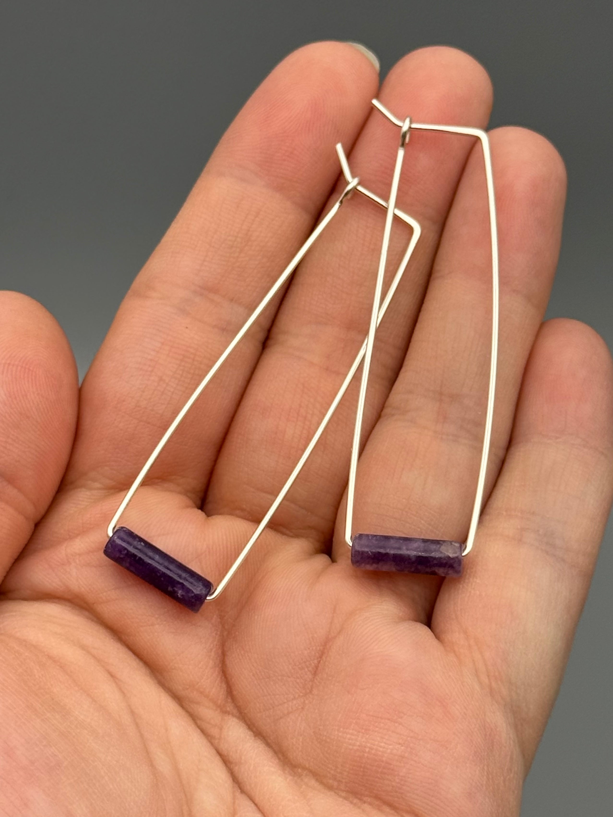 •RECTANGLE TUBE HOOP• amethyst + silver earrings
