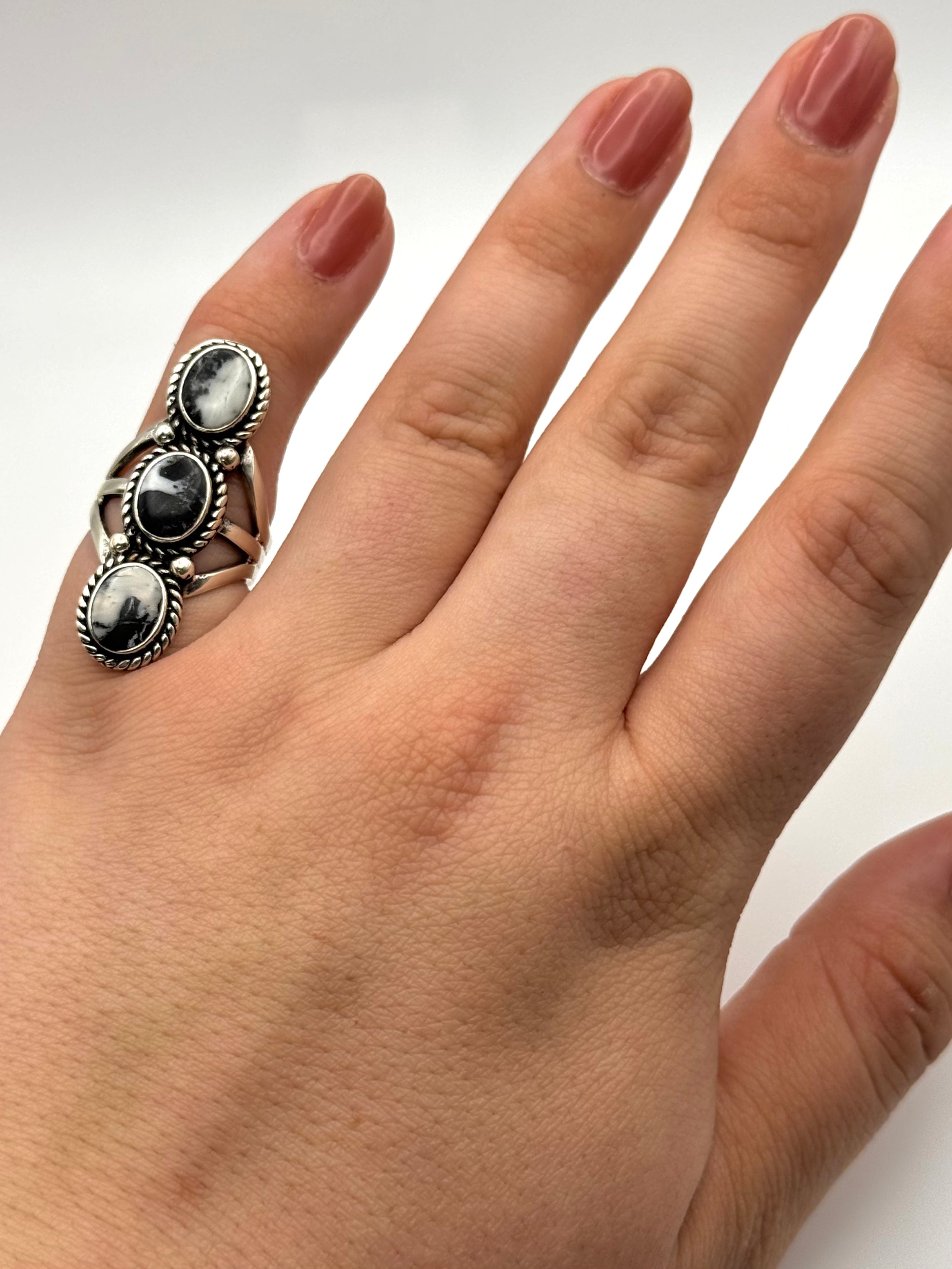 •WHITE BUFFALO TURQUOISE• Navajo silver triple stone ring (size 5)