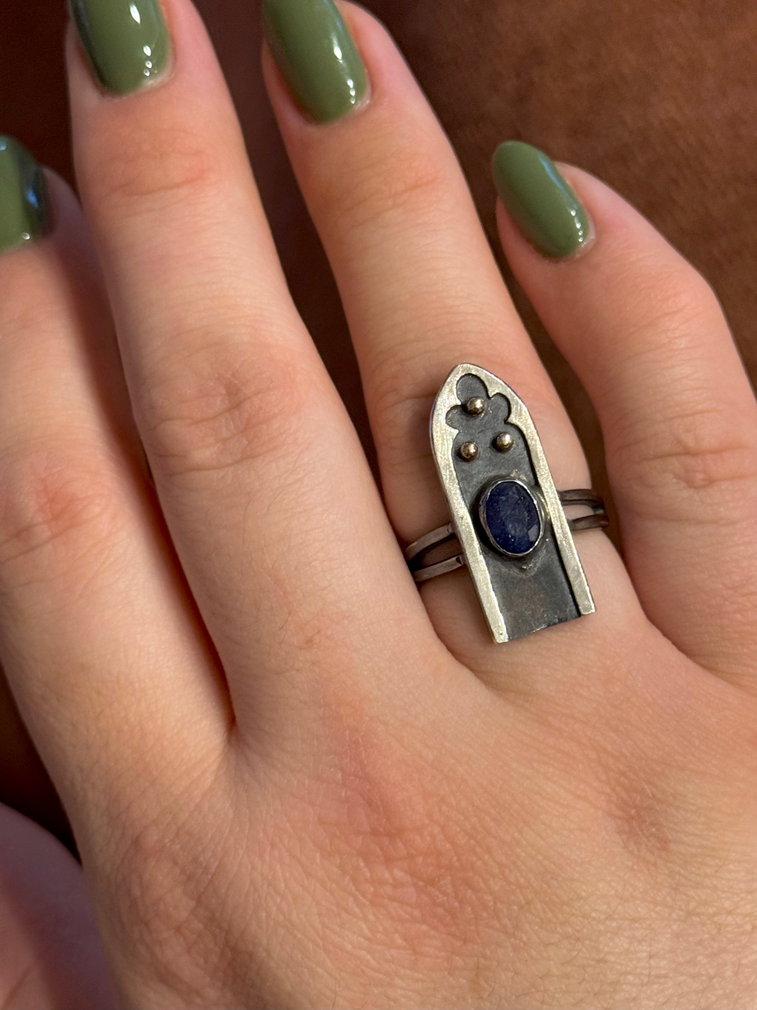 •GOTHIC ARCH• blue sapphire + mixed metal ring (size 7.75)