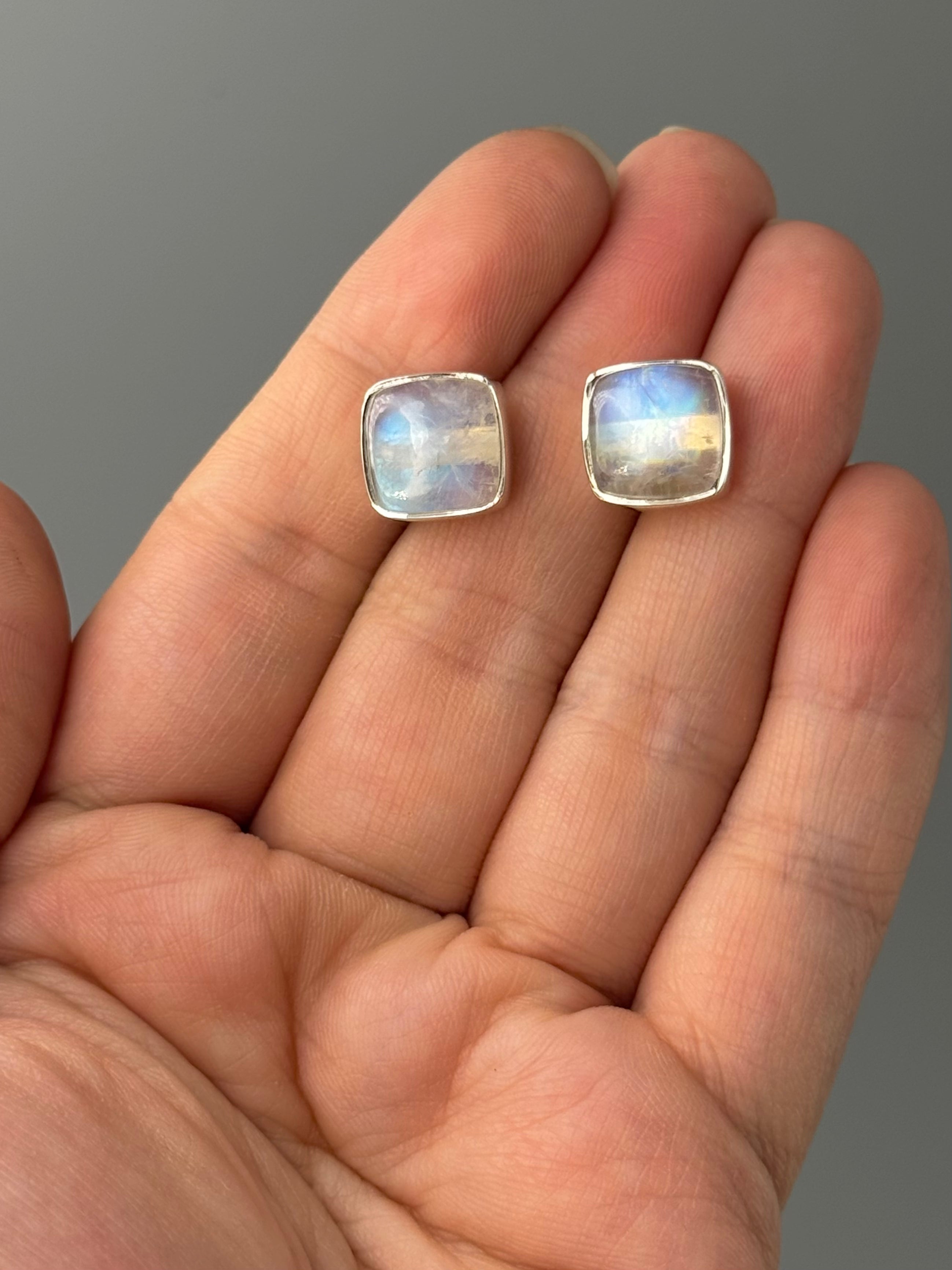 •RAINBOW MOONSTONE - SQUARE• silver bezel set stud earrings