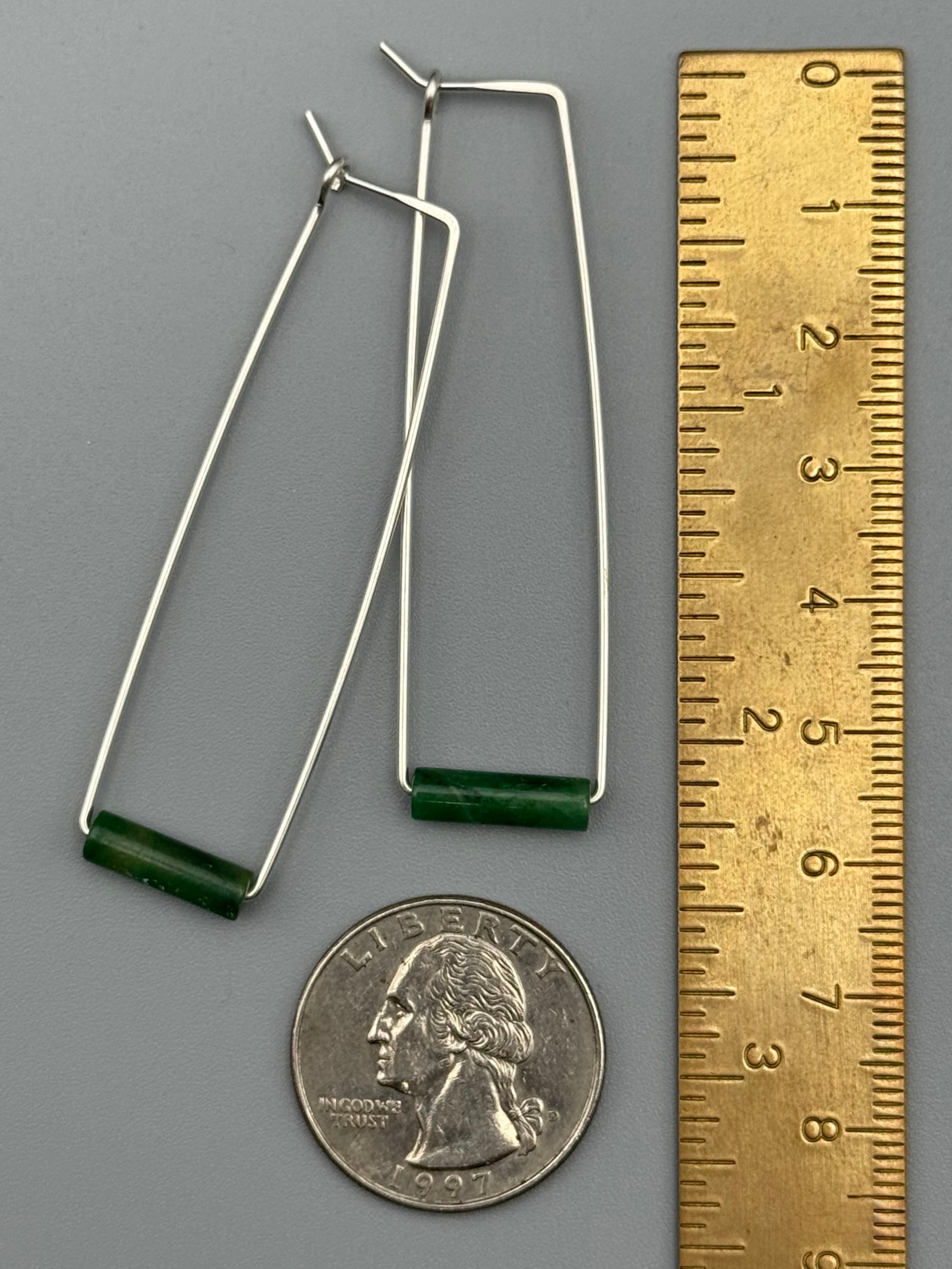 •RECTANGLE TUBE HOOP• jade + silver earrings