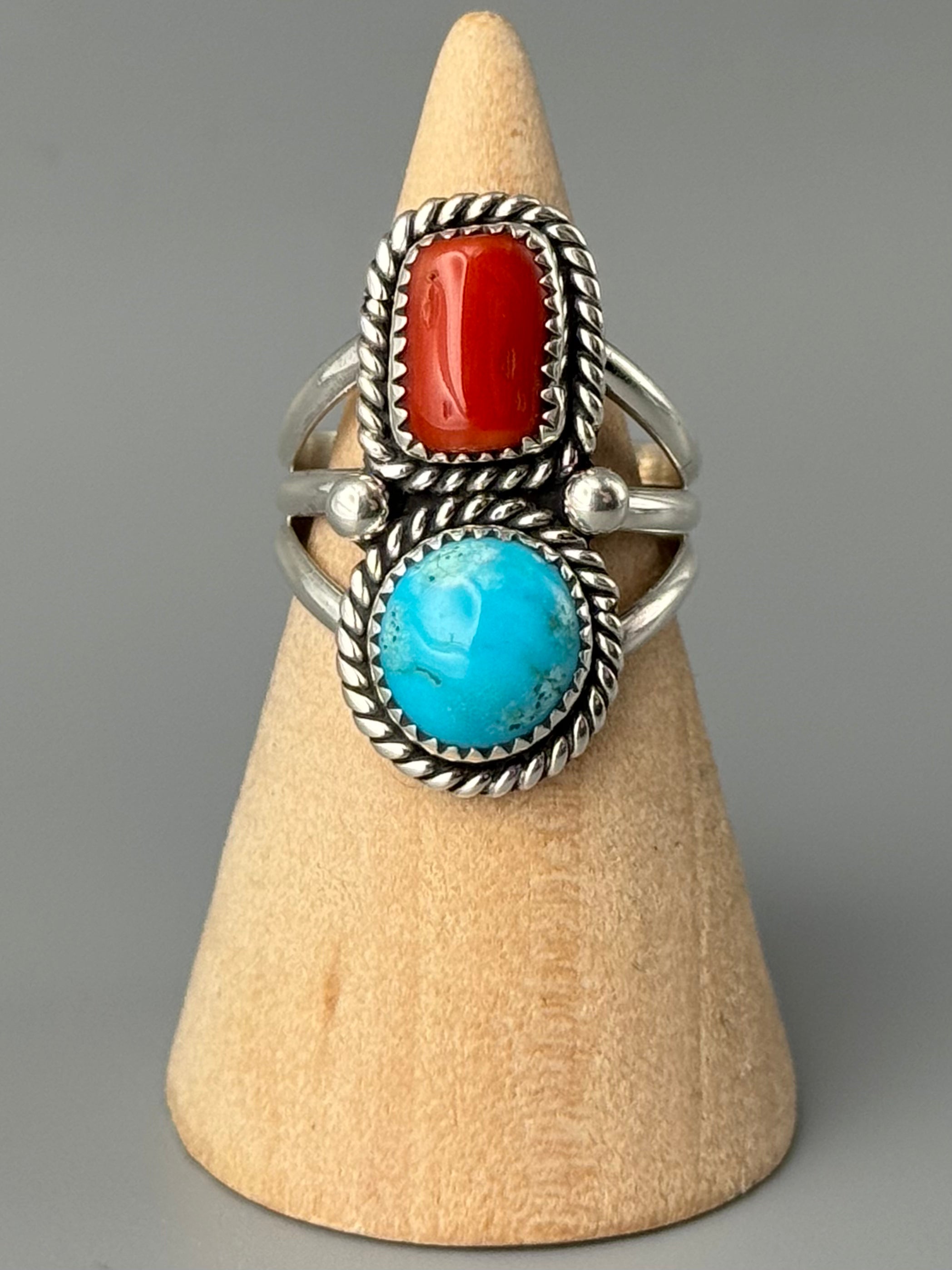 •KINGMAN TURQUOISE & CORAL - NAAKI• Navajo silver ring (size 7.25)
