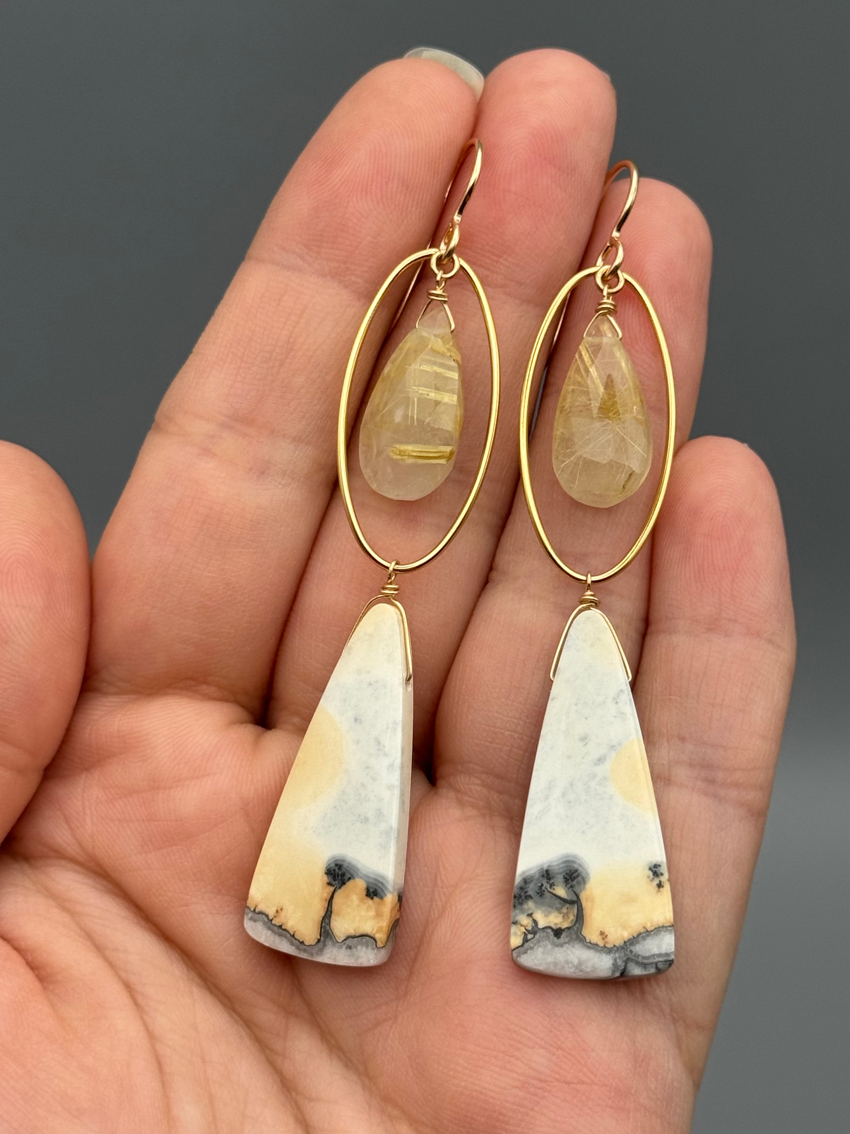 •LUNA• rutilated quartz + jasper gold earrings