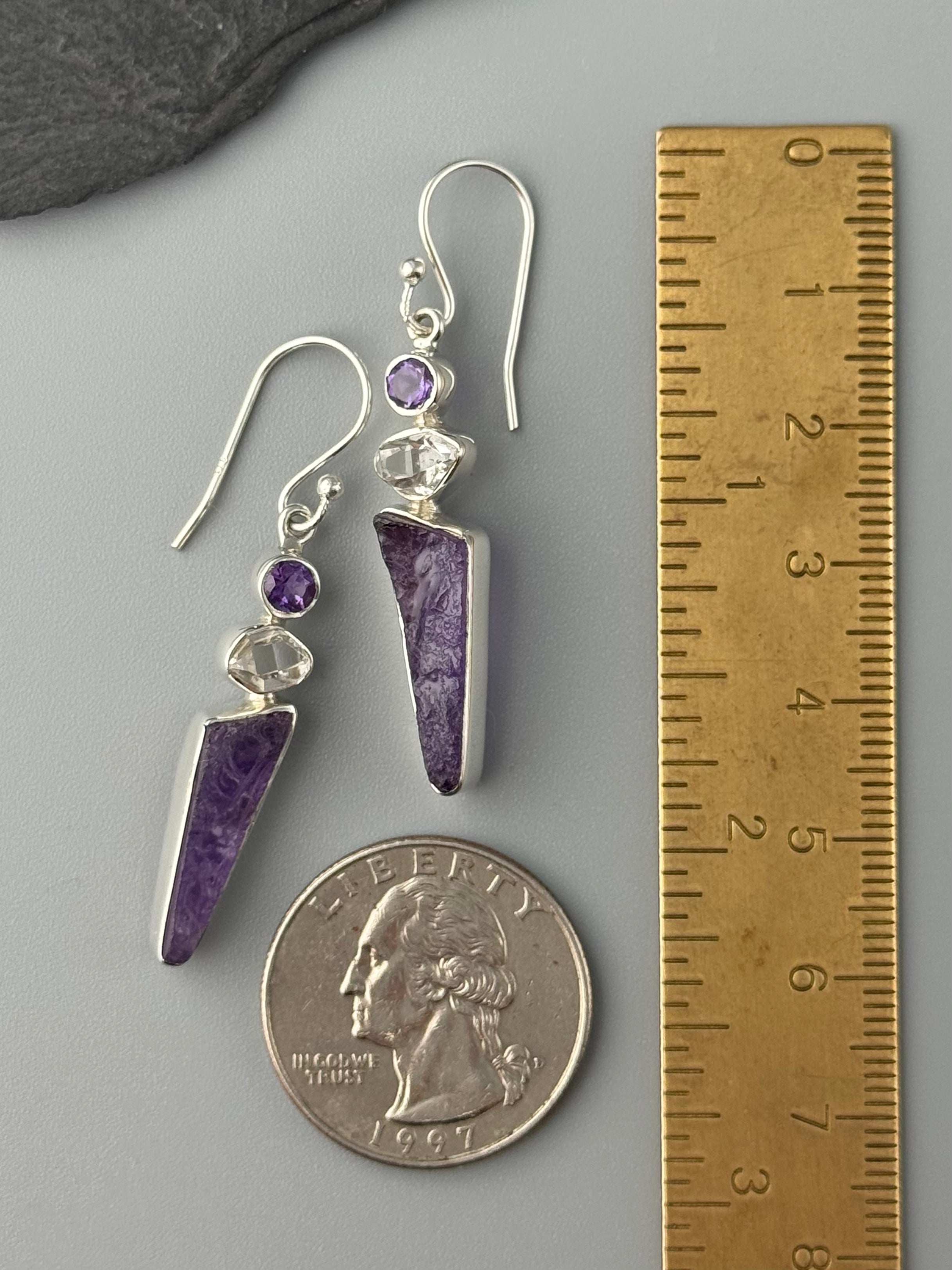 •AMETHYST + HERKIMER DIAMOND - FANG STACK• silver dangle earrings