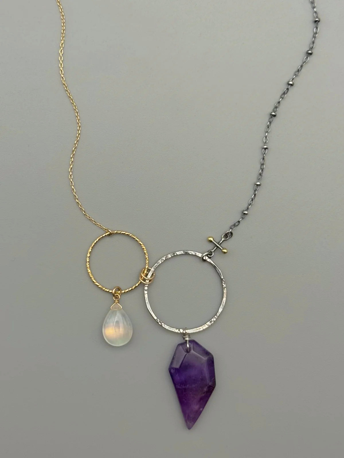 •UNION• rainbow moonstone + amethyst mixed metal necklace (16"-18" long)