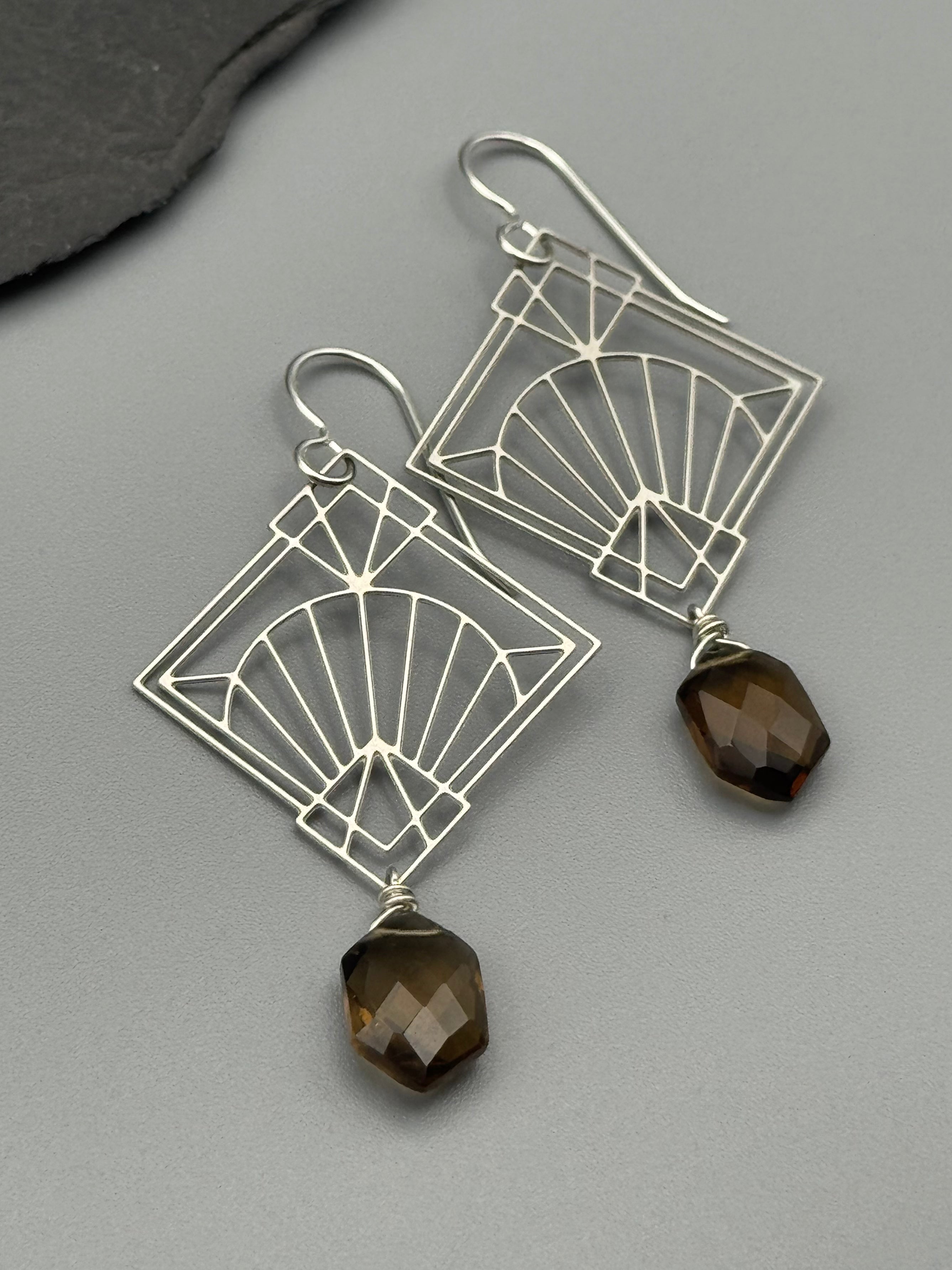 •DECO DIAMOND• smoky quartz + silver earrings