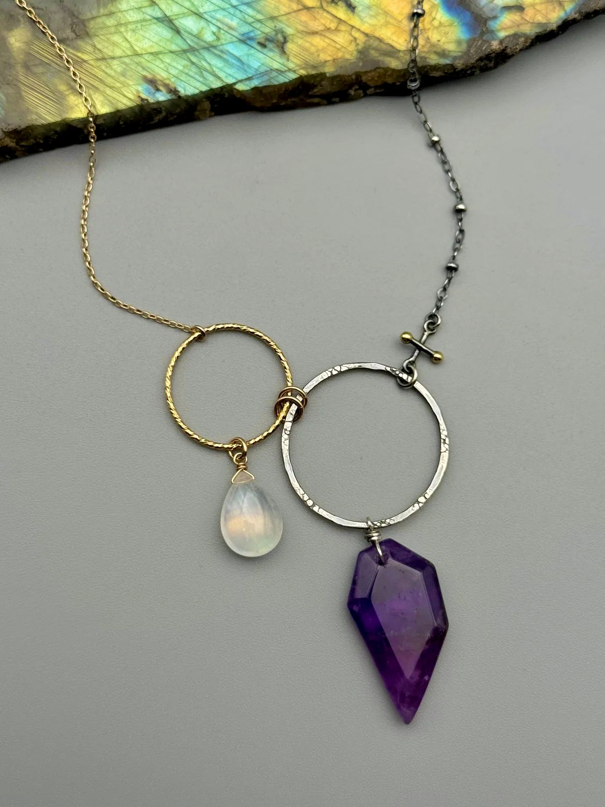 •UNION• rainbow moonstone + amethyst mixed metal necklace (16"-18" long)