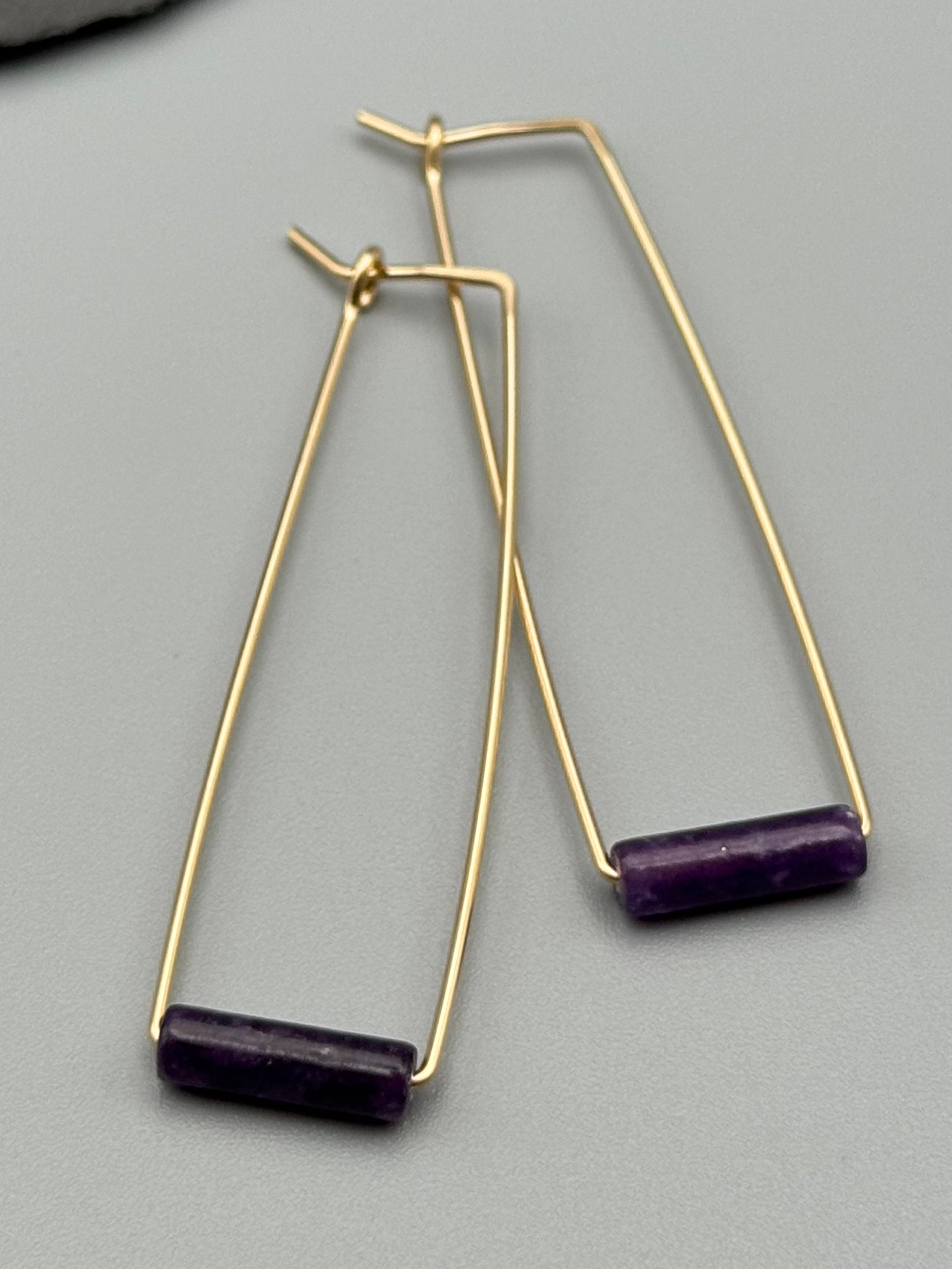 •RECTANGLE TUBE HOOP• amethyst + gold earrings