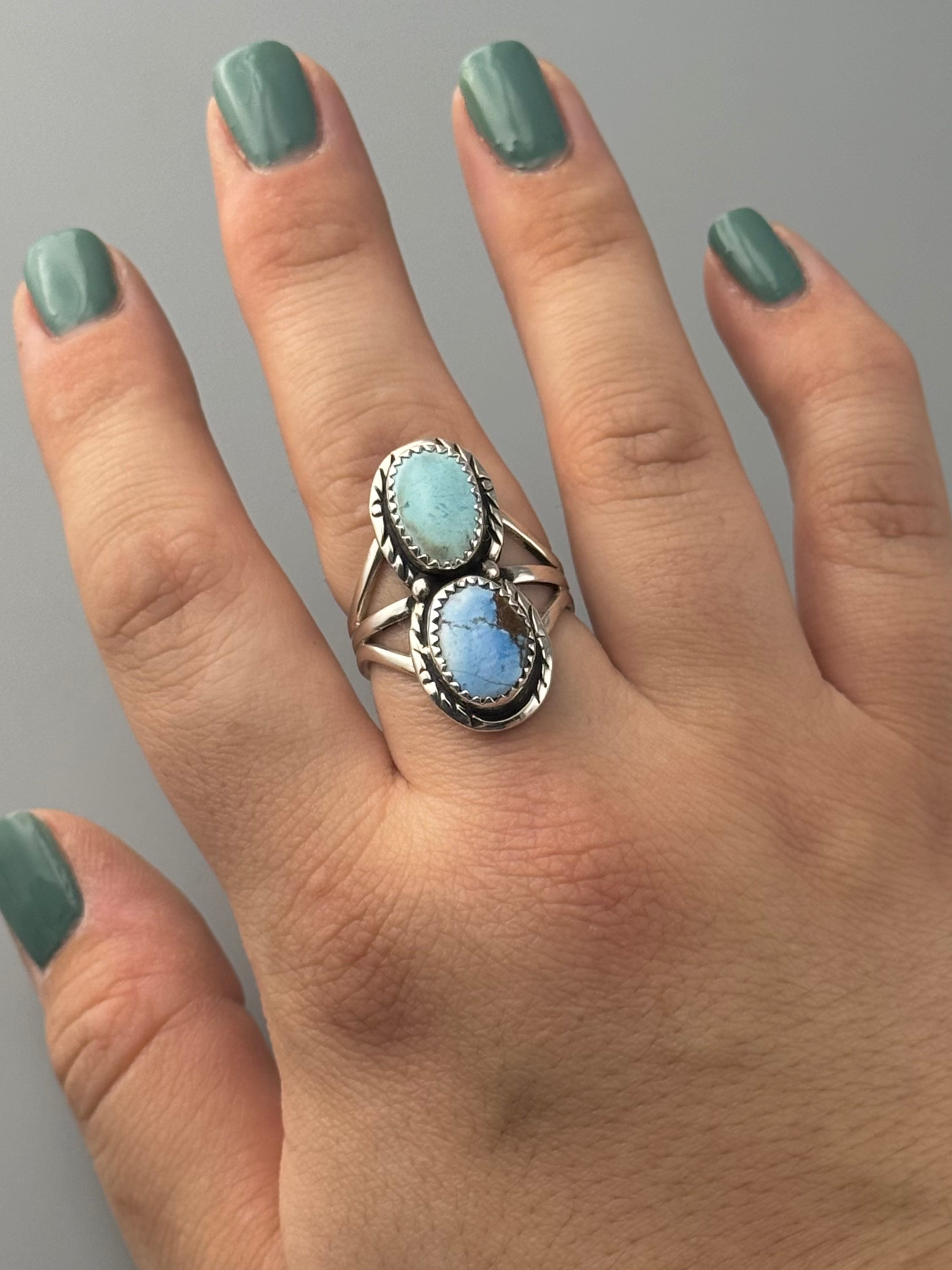 •GOLDEN HILL TURQUOISE - NAAKI - 1• Navajo silver ring (size 9)