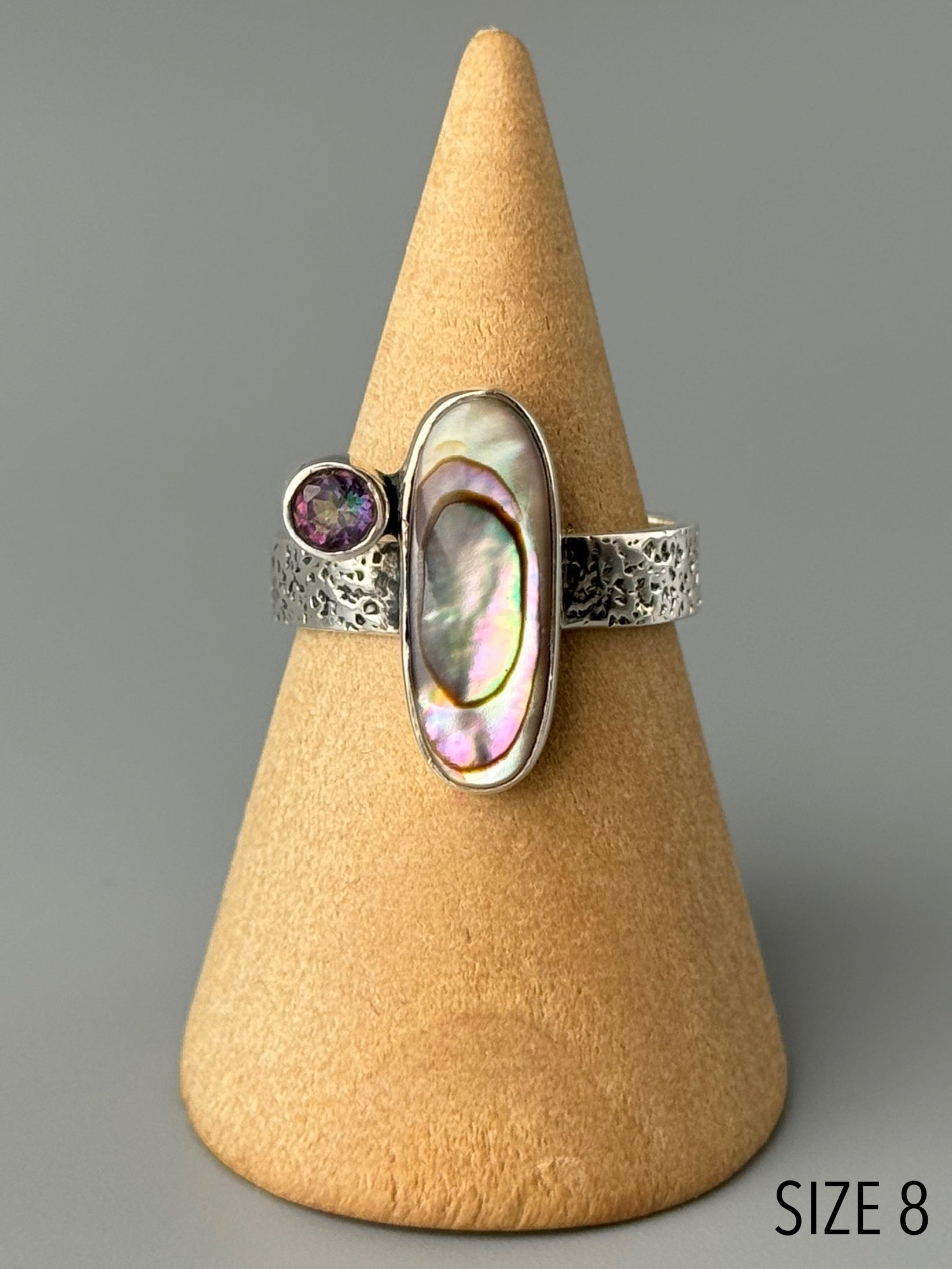 •ABALONE + MYSTIC QUARTZ - ORIGIN• textured band silver ring (various sizes)
