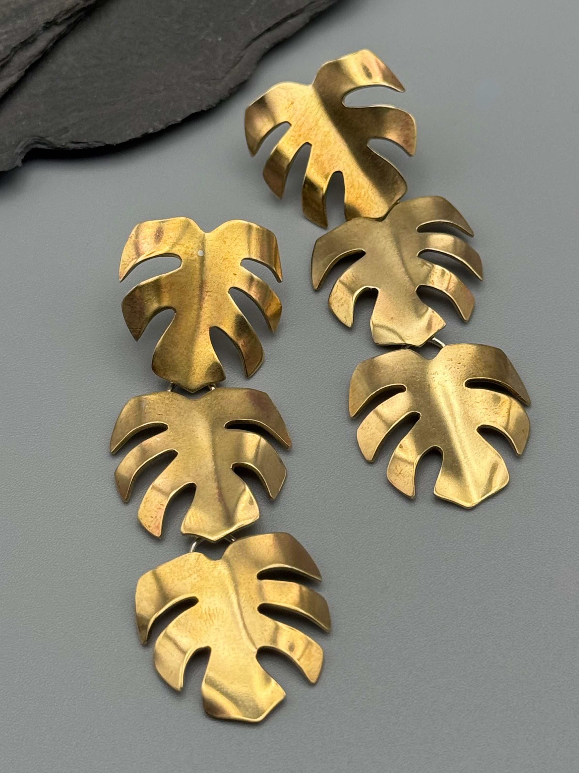 •MONSTERA TRIO• brass + silver post dangle earrings