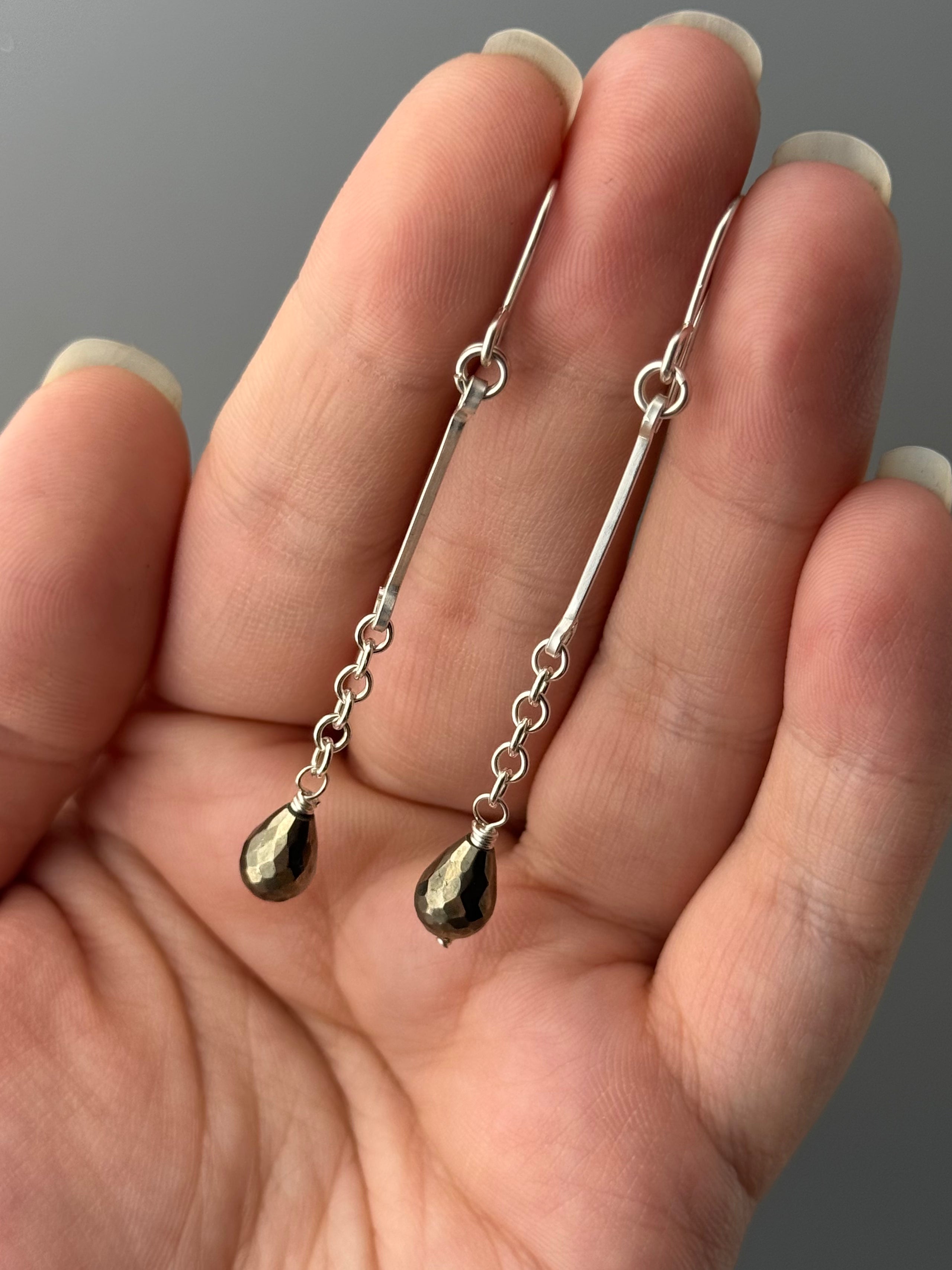 •LINEAR DROP• pyrite + silver dangle earrings