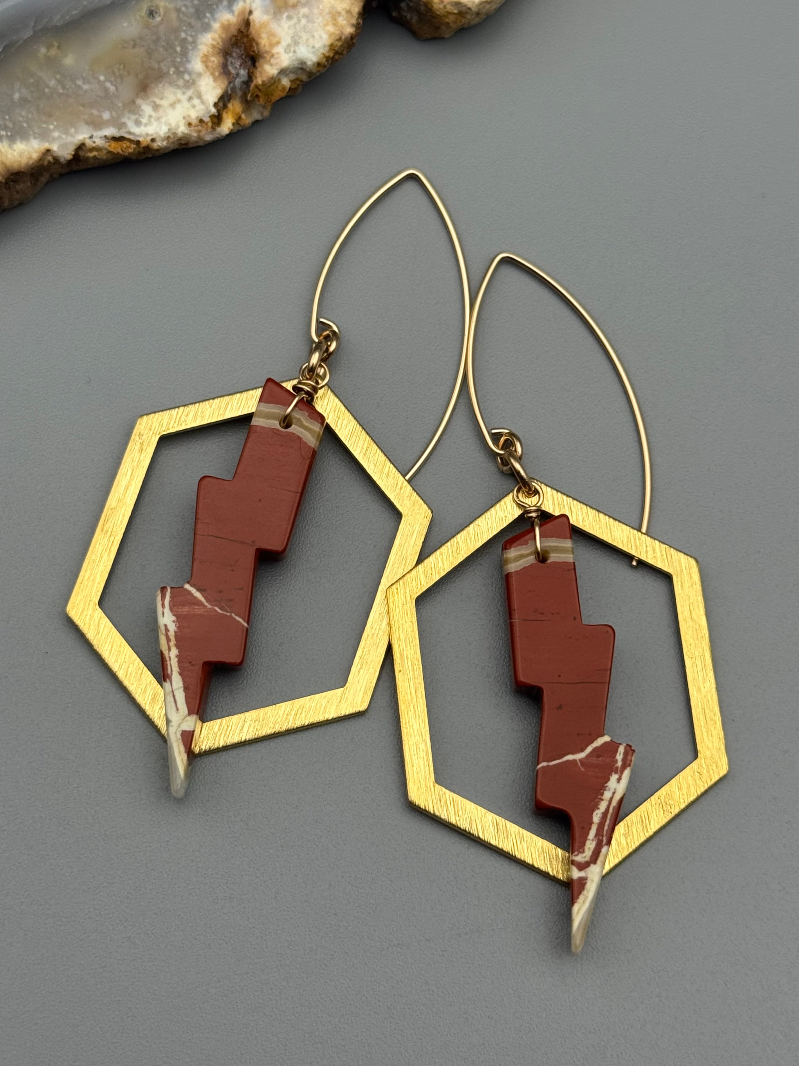•HEX LIGHTNING• red jasper + gold earrings