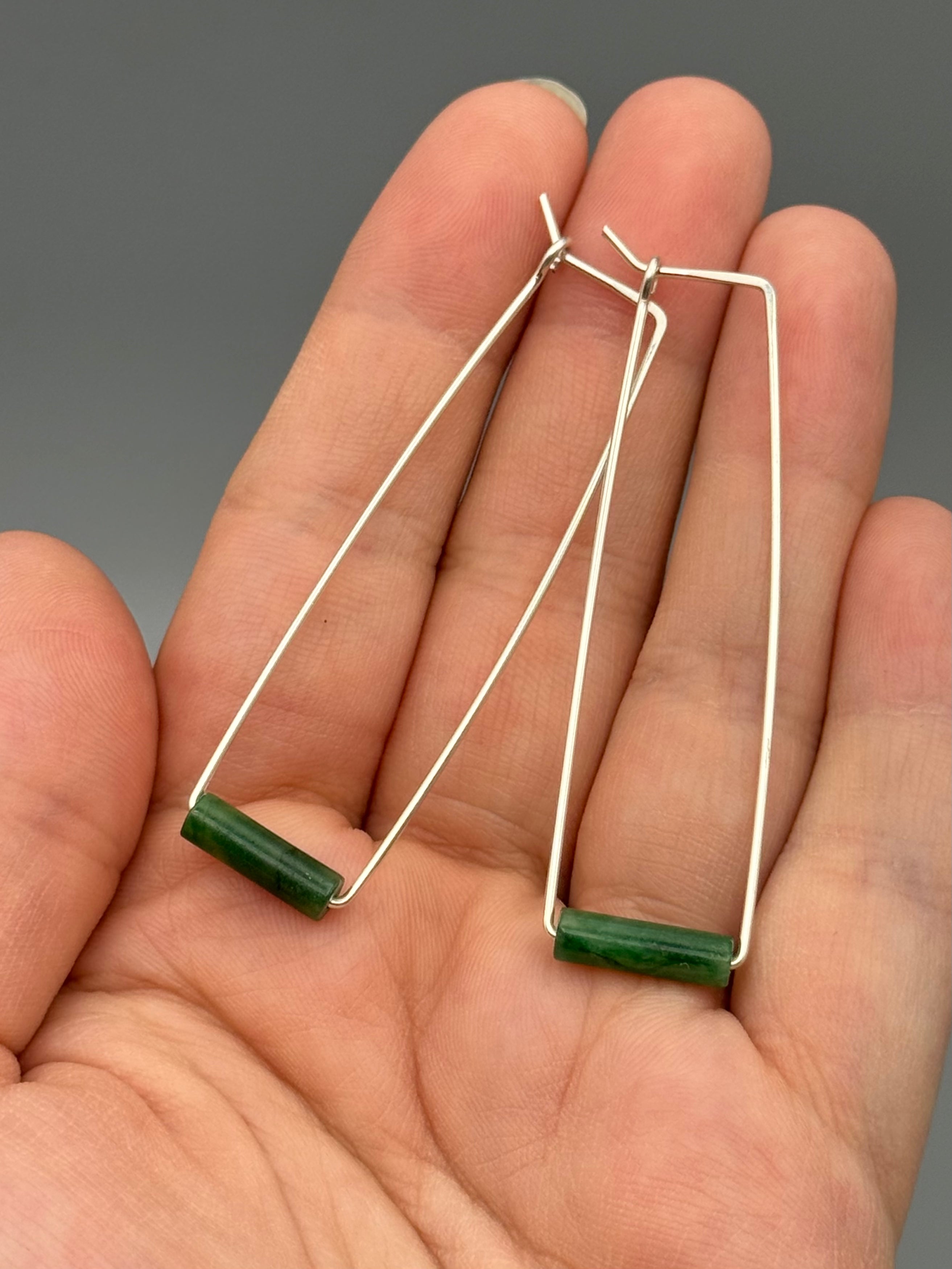 •RECTANGLE TUBE HOOP• jade + silver earrings