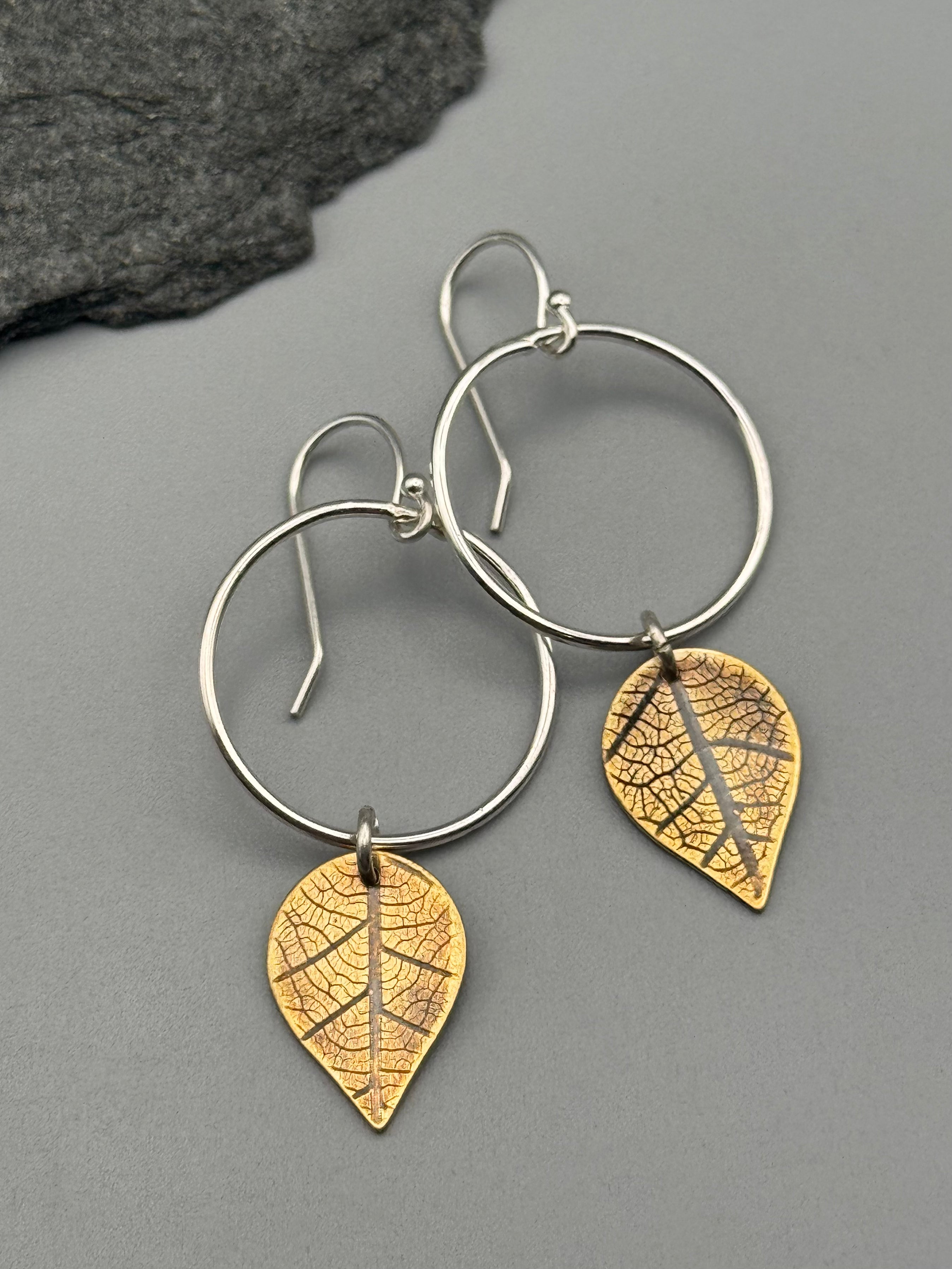 •LEAF MOON• mixed metal dangle earrings