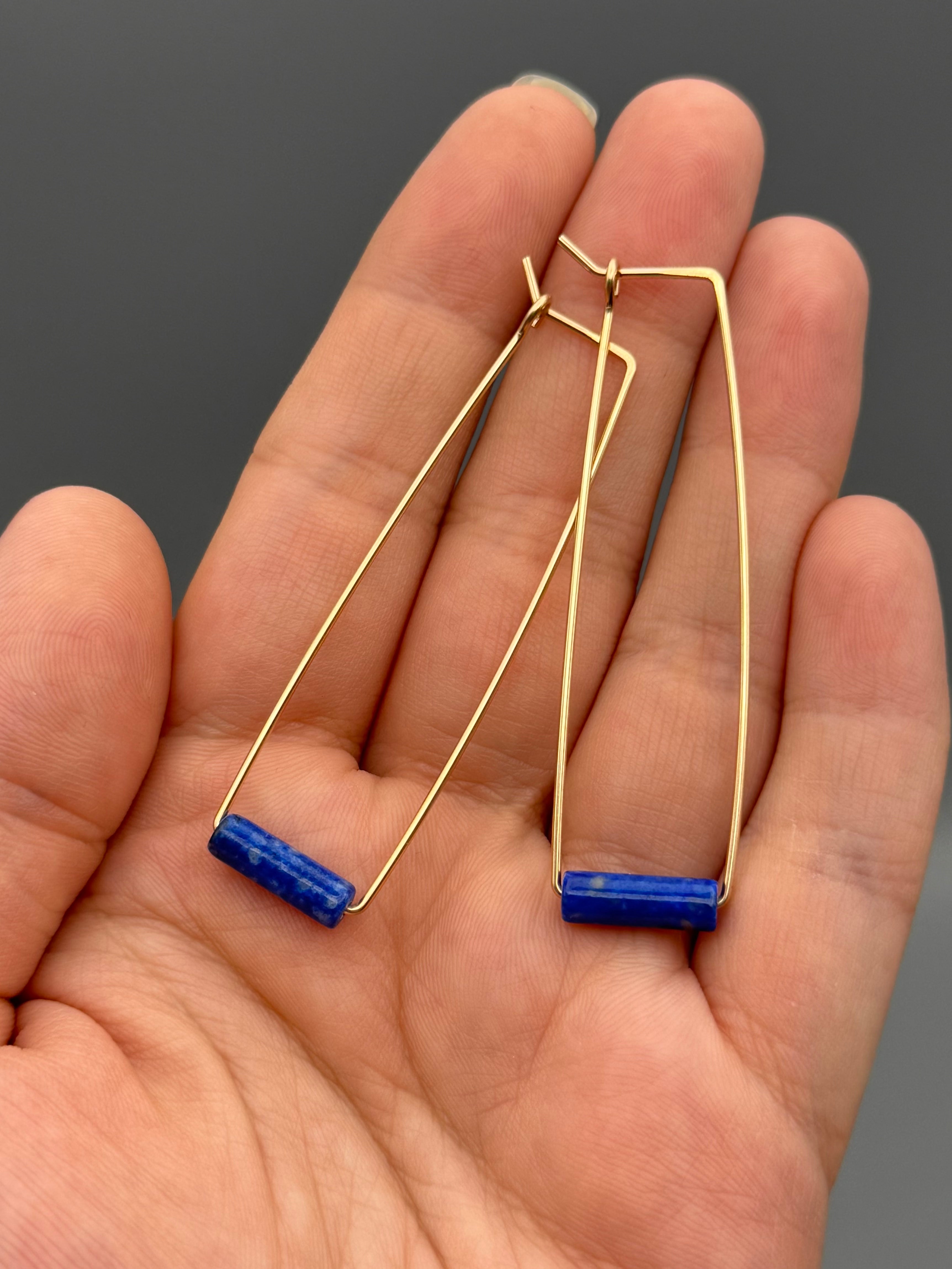 •RECTANGLE TUBE HOOP• lapis + gold earrings