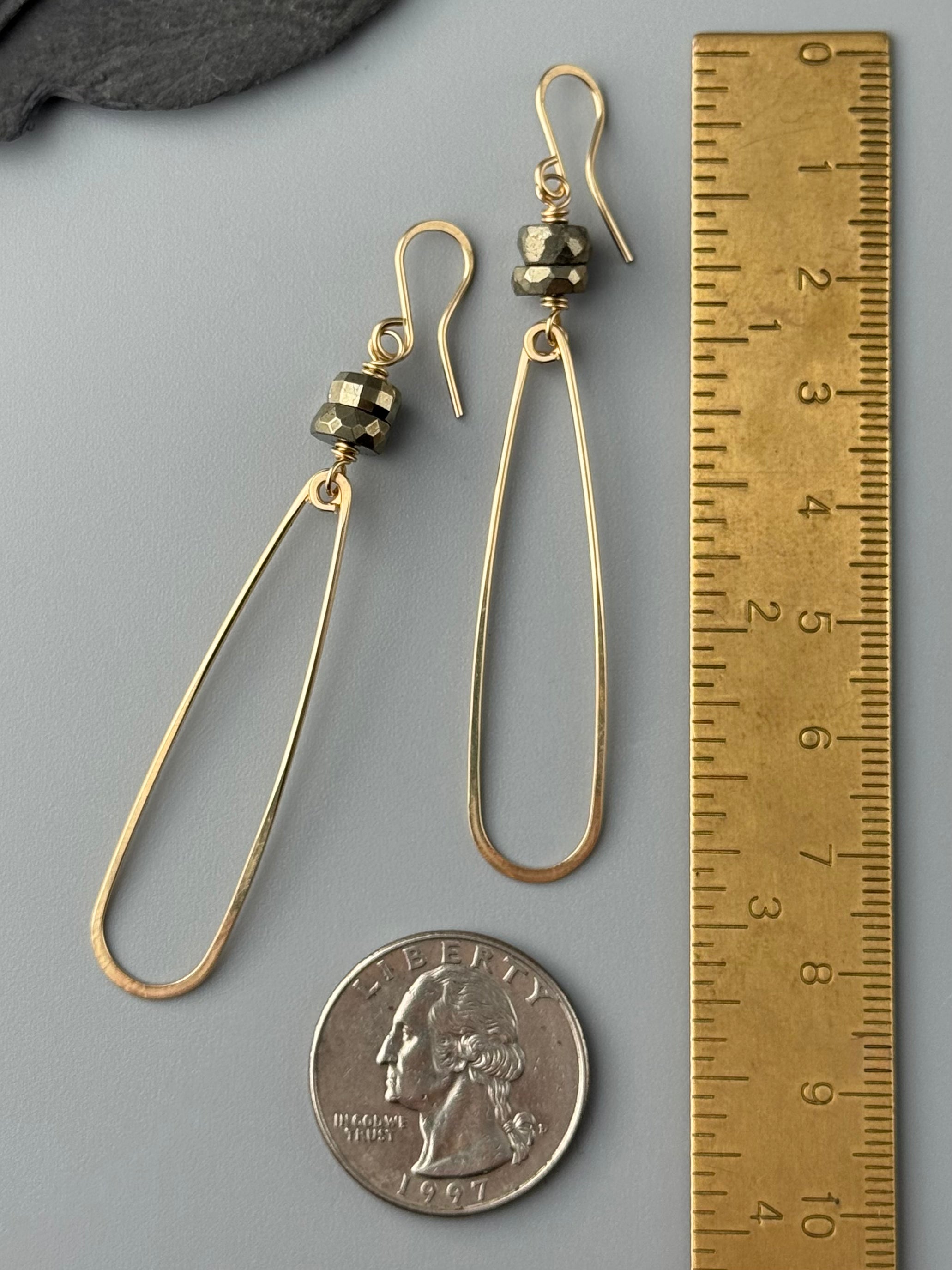 •STACKED TEARDROP• pyrite + gold dangle earrings