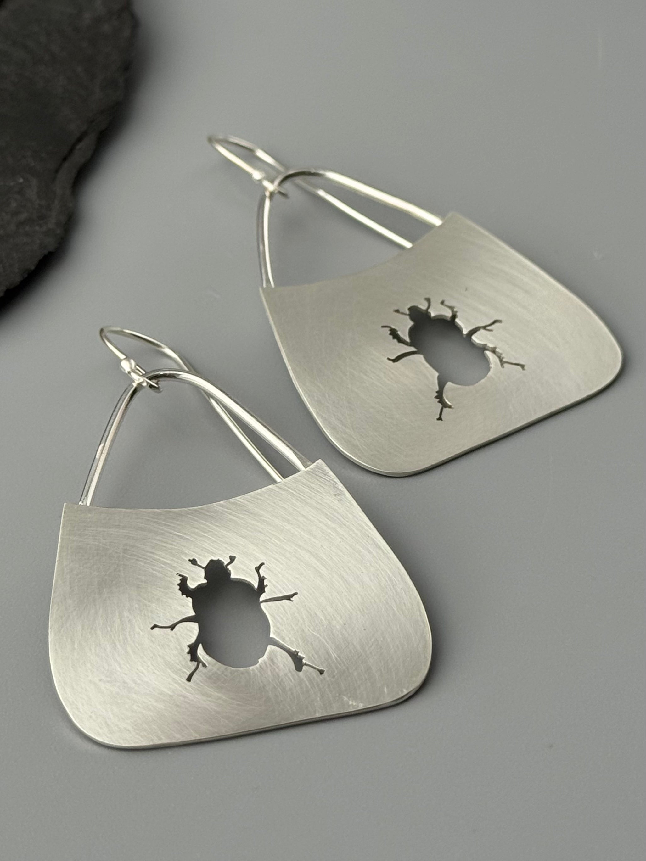 •SCARAB• beetle silhouette + silver dangle earrings