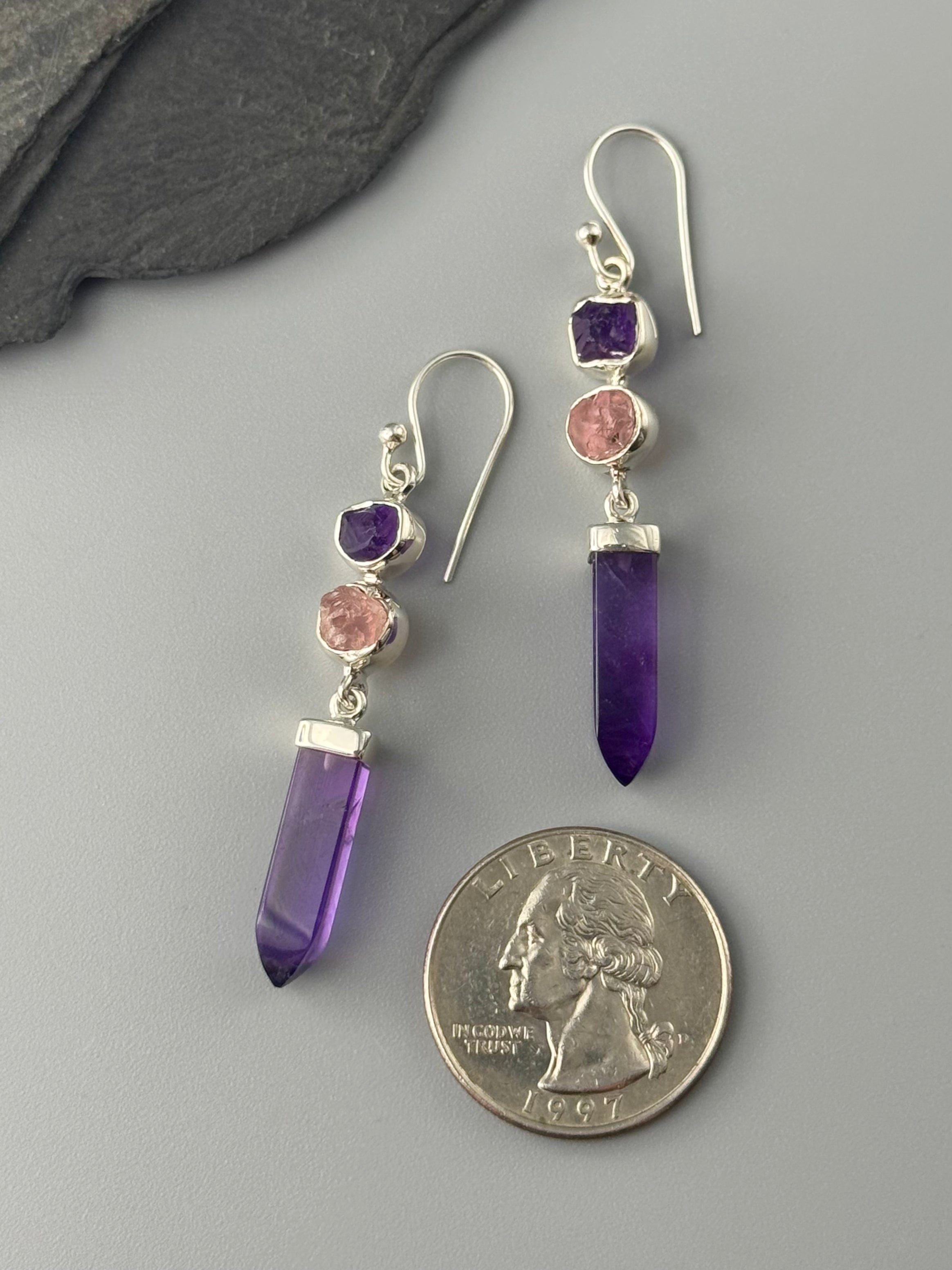 •AMETHYST POINT + ROSE QUARTZ• silver dangle earrings