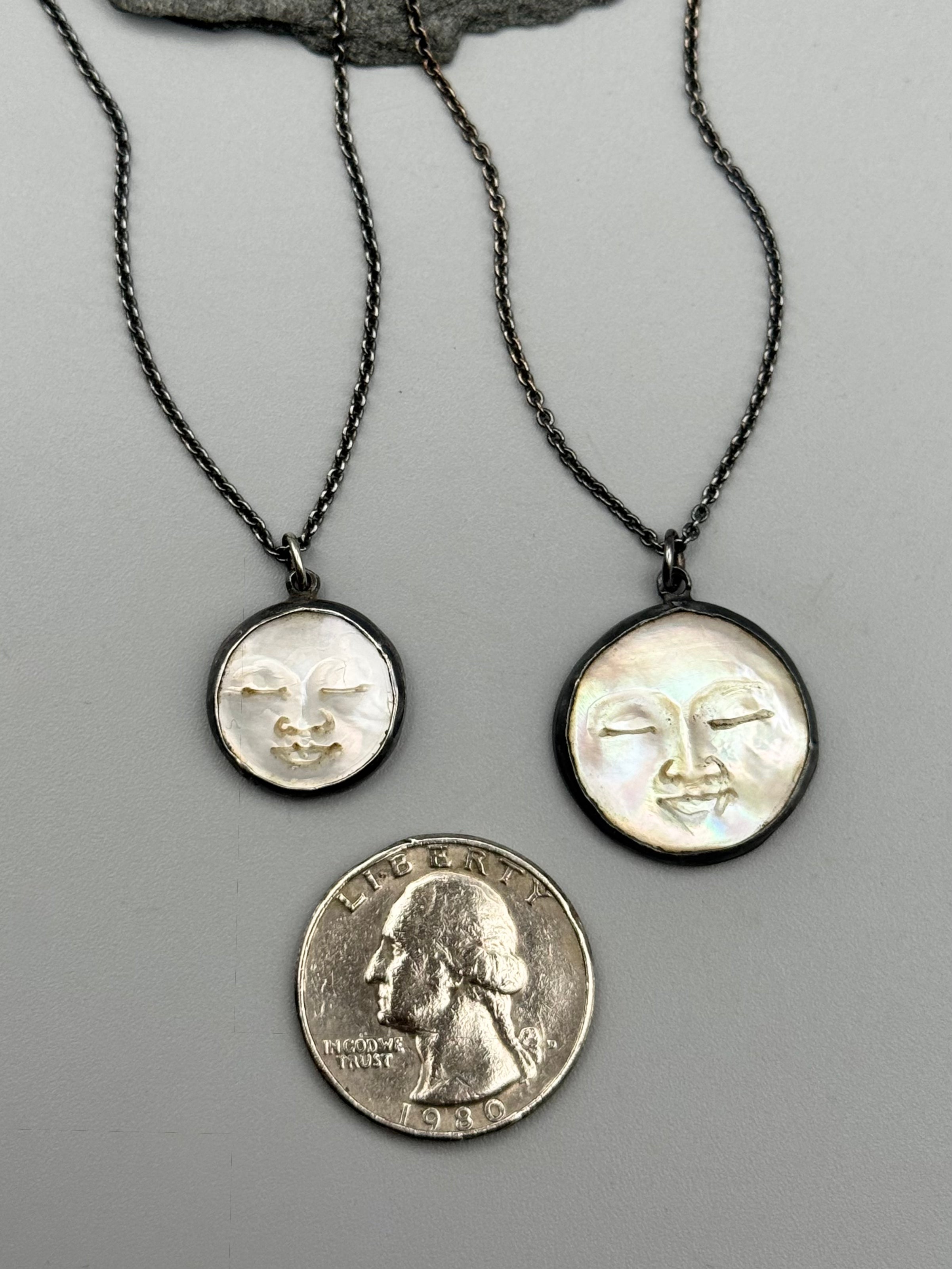 •PEARLESCENT LUNA• carved mother of pearl + silver necklace (various lengths)