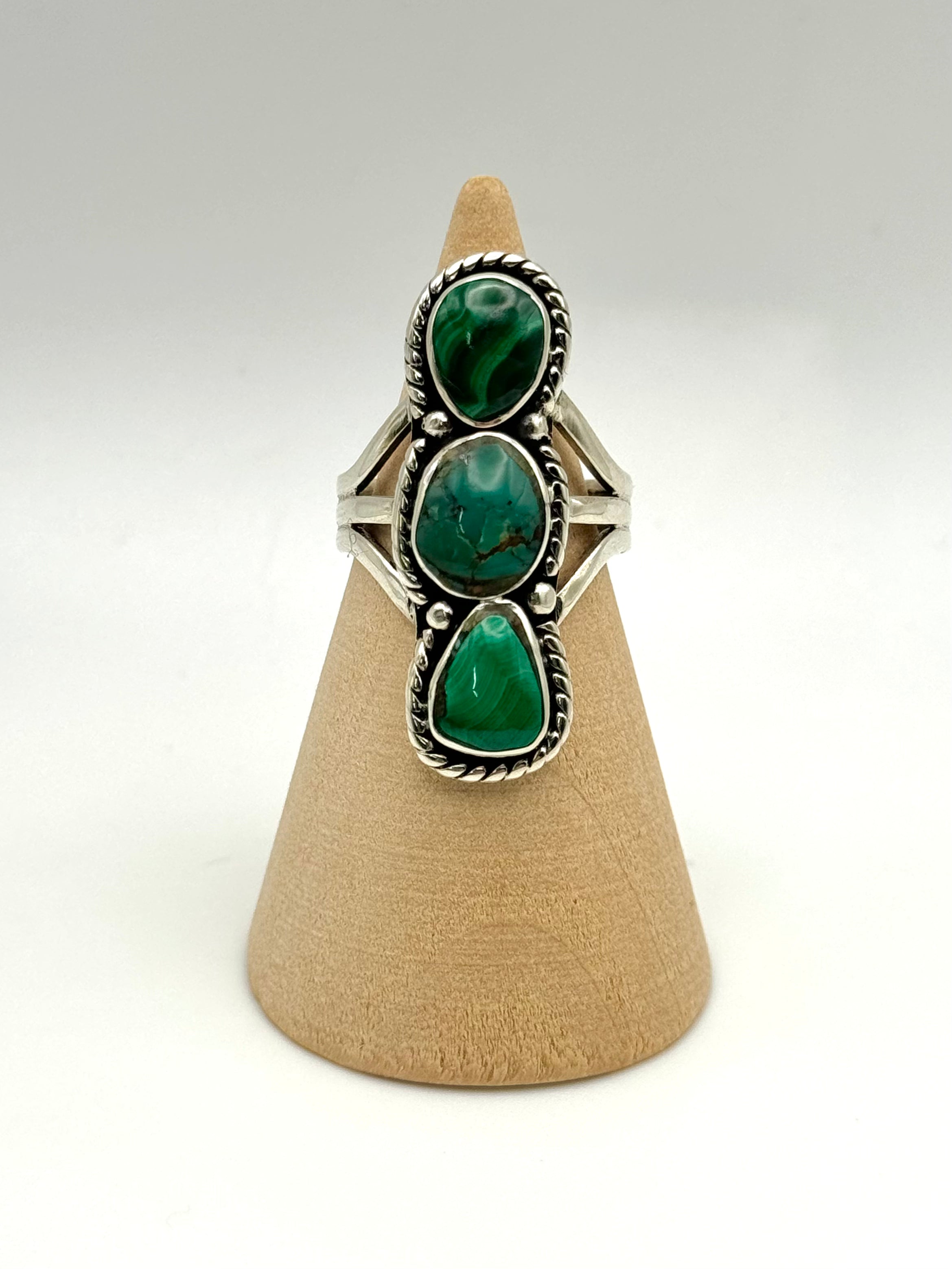 •MALACHITE + TURQUOISE• Navajo silver triple stone ring (size 5.75)