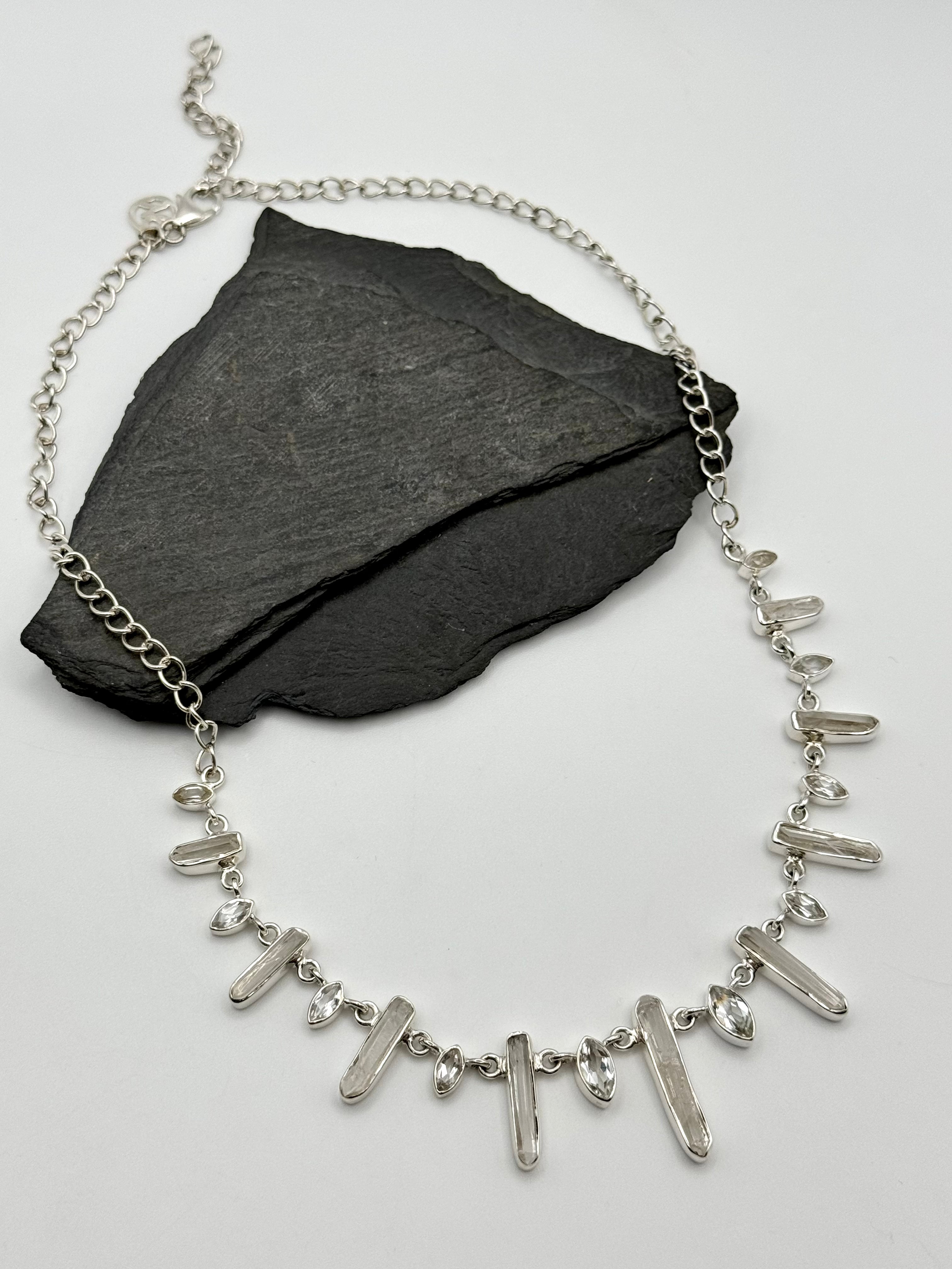 •CLEAR QUARTZ + WHITE TOPAZ• multi-stone + silver necklace (ADJ to 18.5")