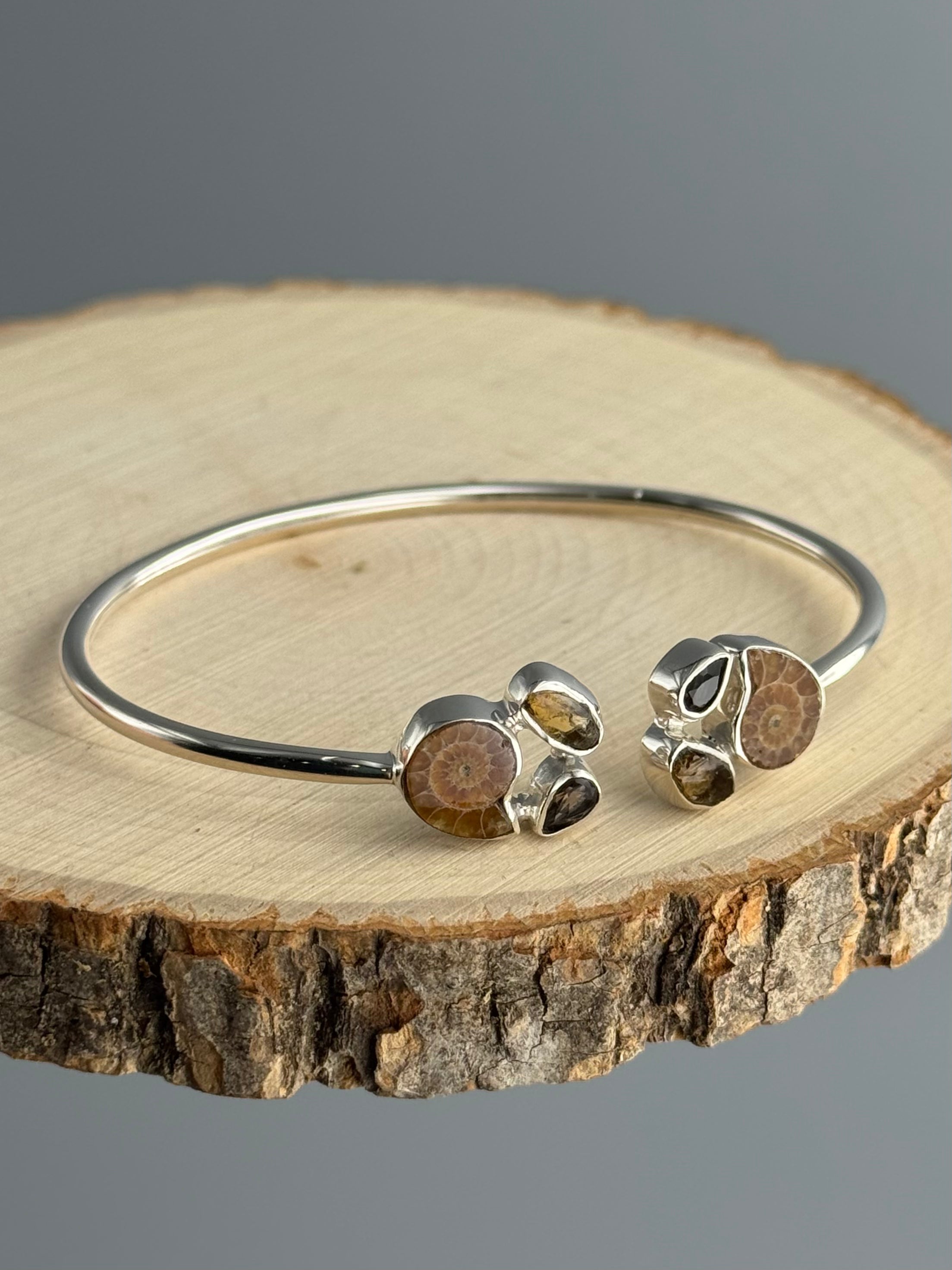 •CLUSTER• ammonite + citrine + smoky quartz + silver twist-on cuff bracelet