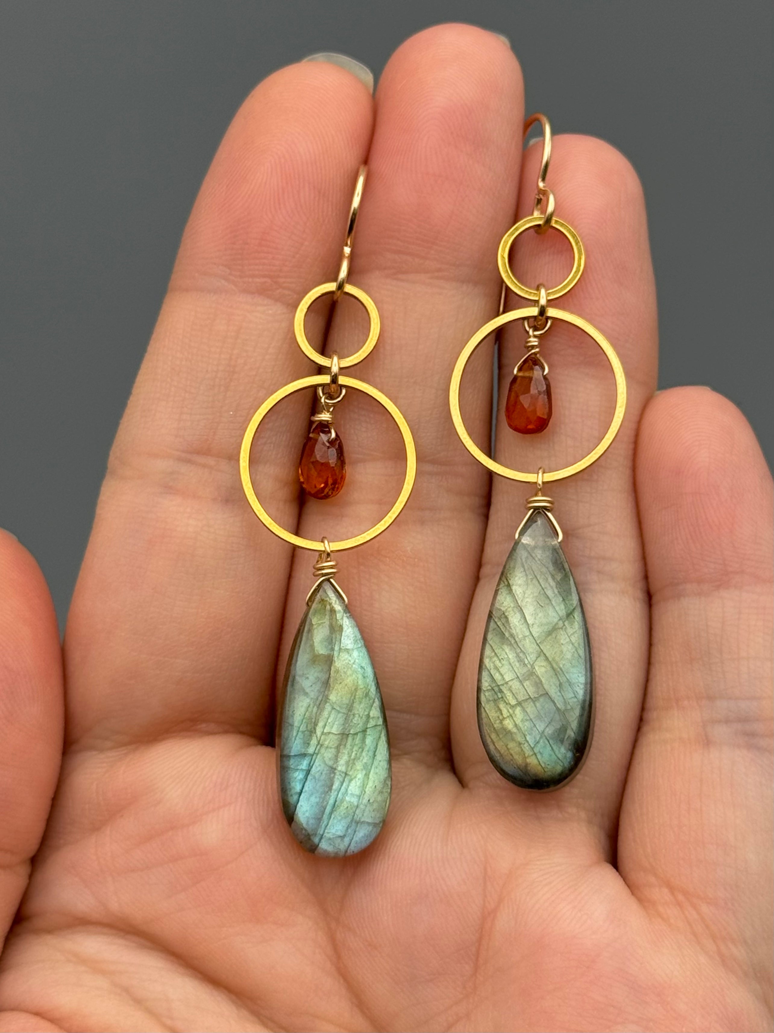 •EQUA-LUNA• hessonite garnet + labradorite gold earrings