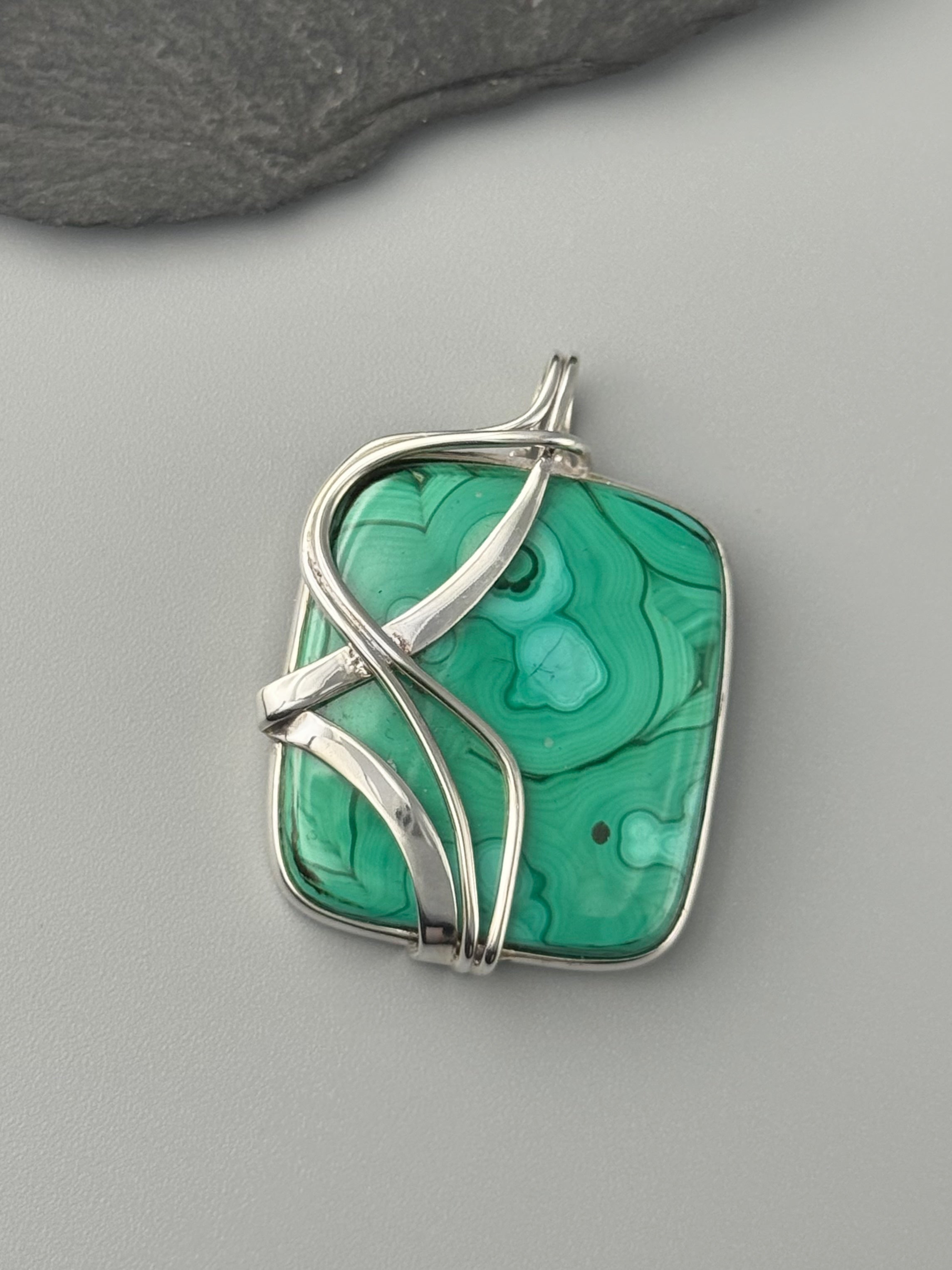 •MALACHITE CHRYSOCOLLA - WIRE WRAPPED SOFT SQUARE• sterling silver pendant