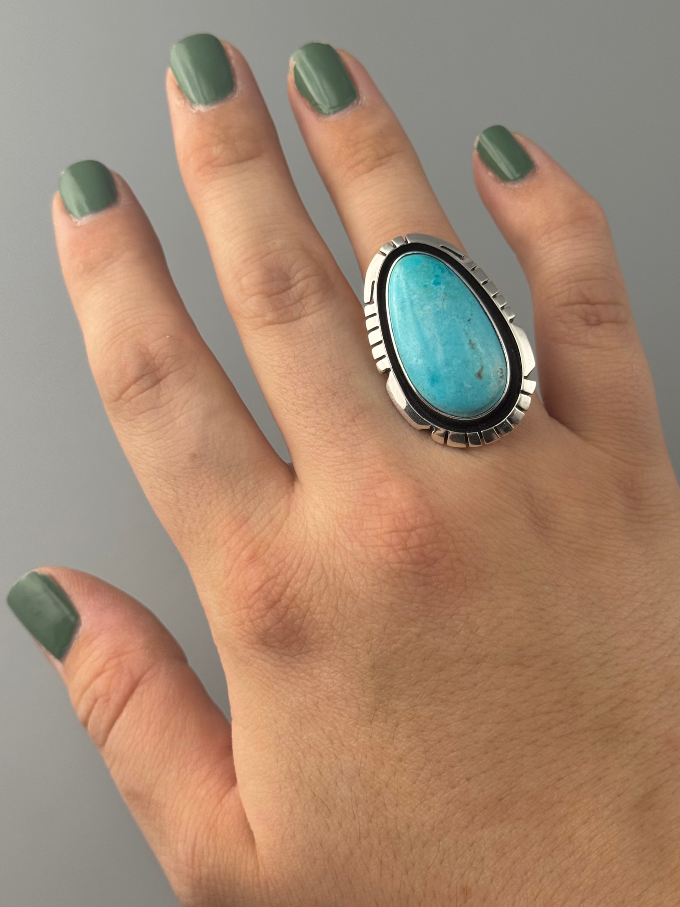 •KINGMAN TURQUOISE - STORM• Navajo silver ring (size 8.25)