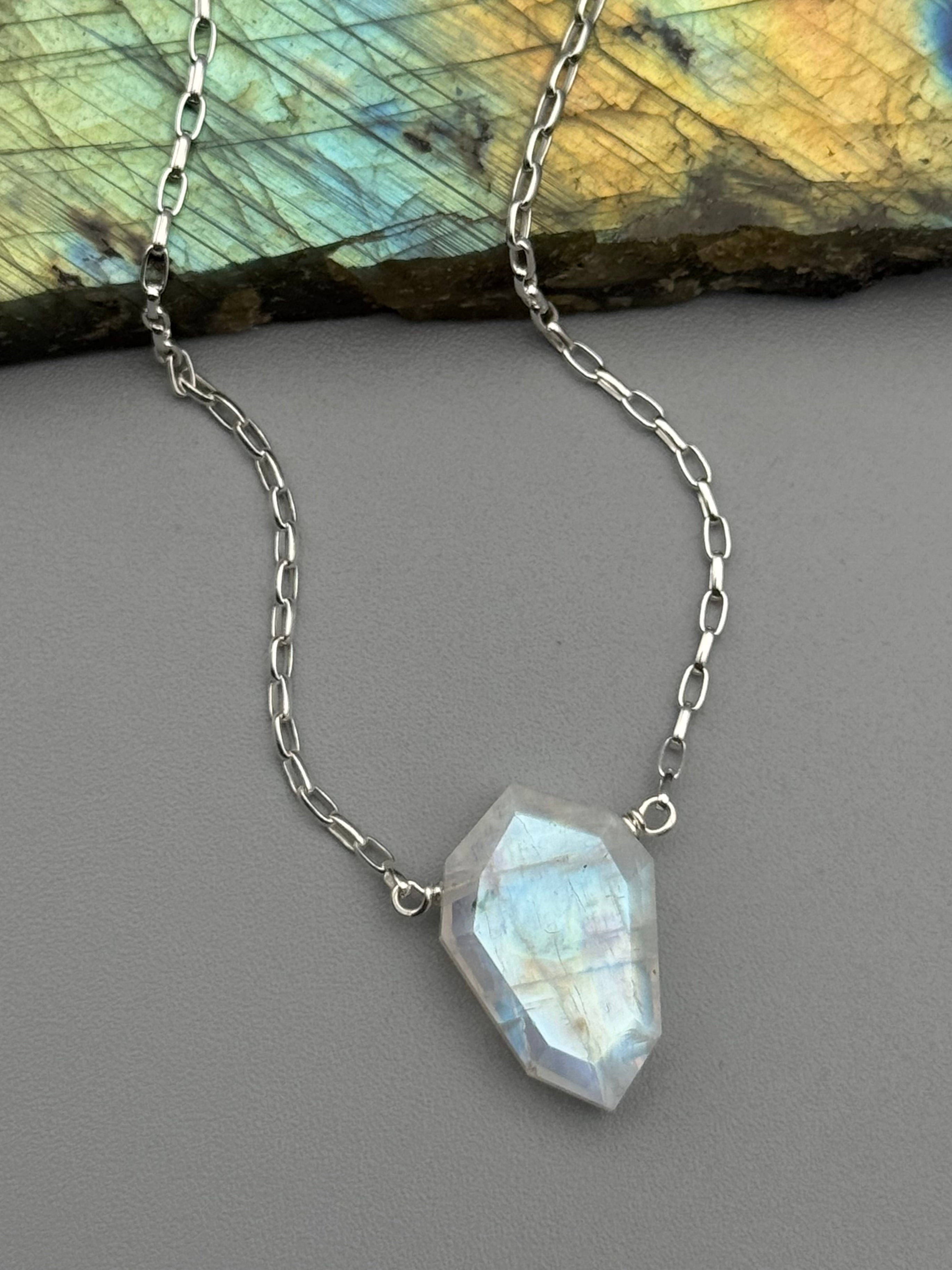 •AEON• rainbow moonstone lil’petal + silver necklace (18"-20" long)