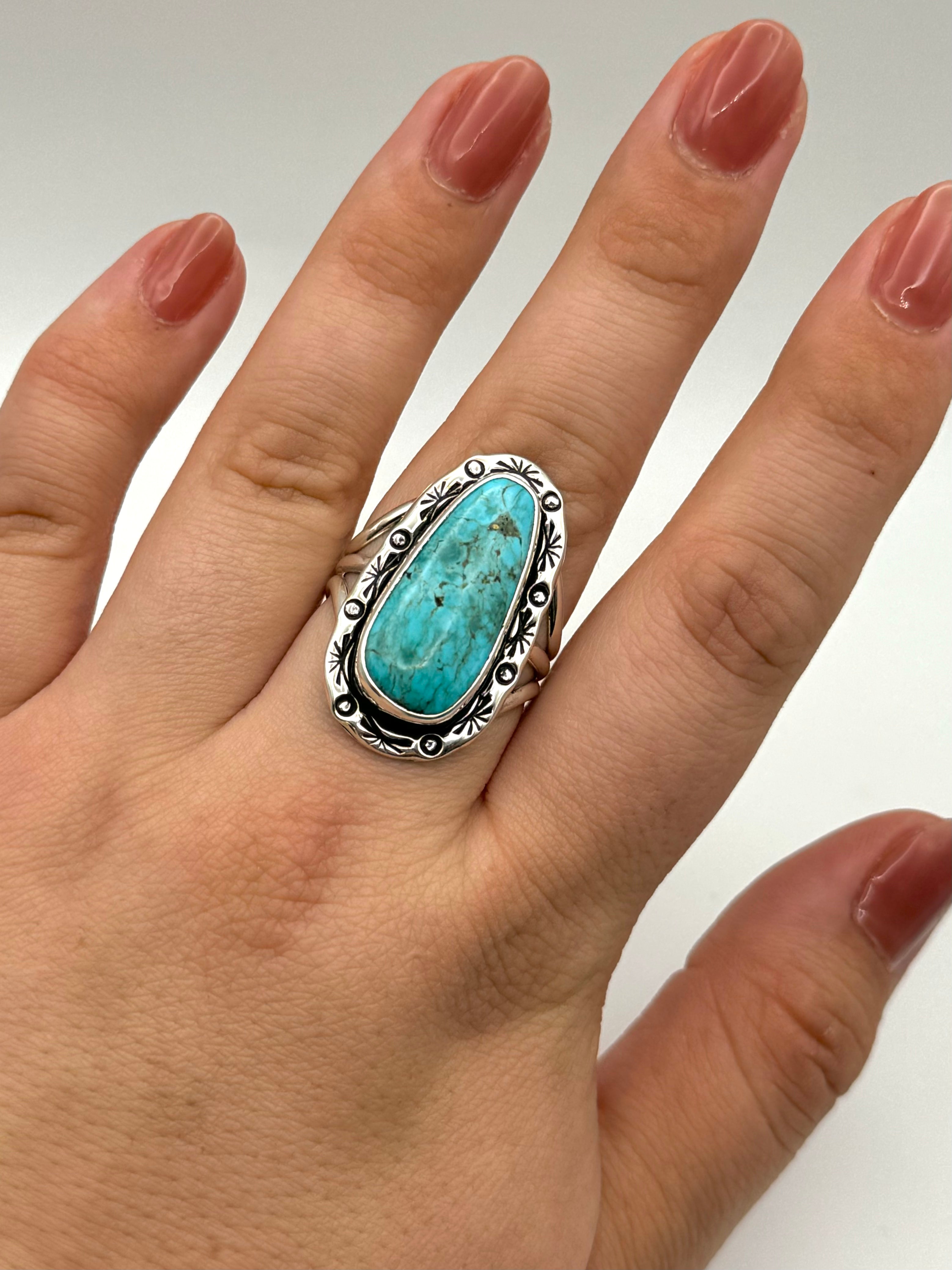 •KINGMAN TURQUOISE - 2• Navajo silver ring (size 9.75)