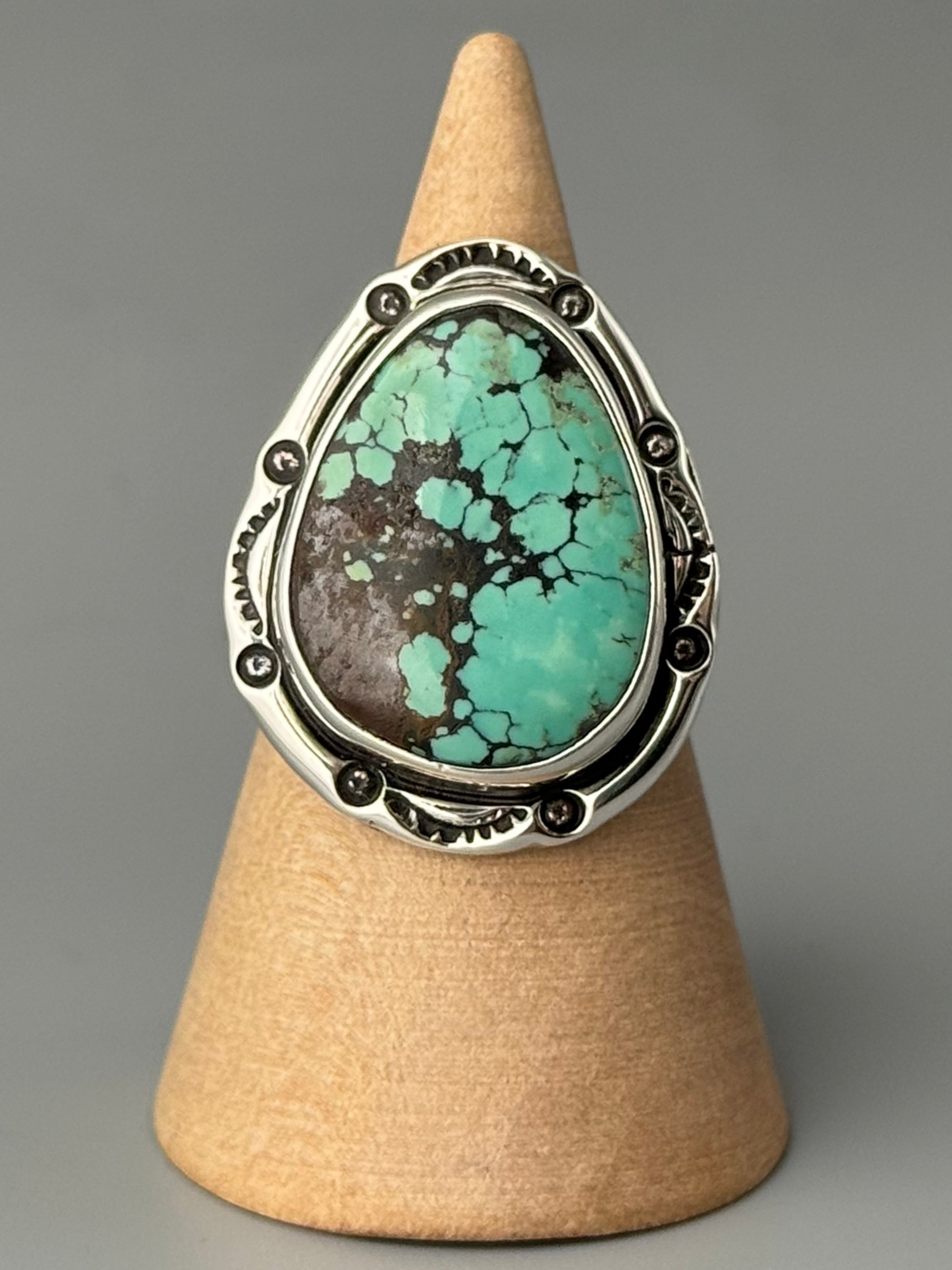 •CHINESE TURQUOISE - SHÁ• Navajo silver ring (size 9)