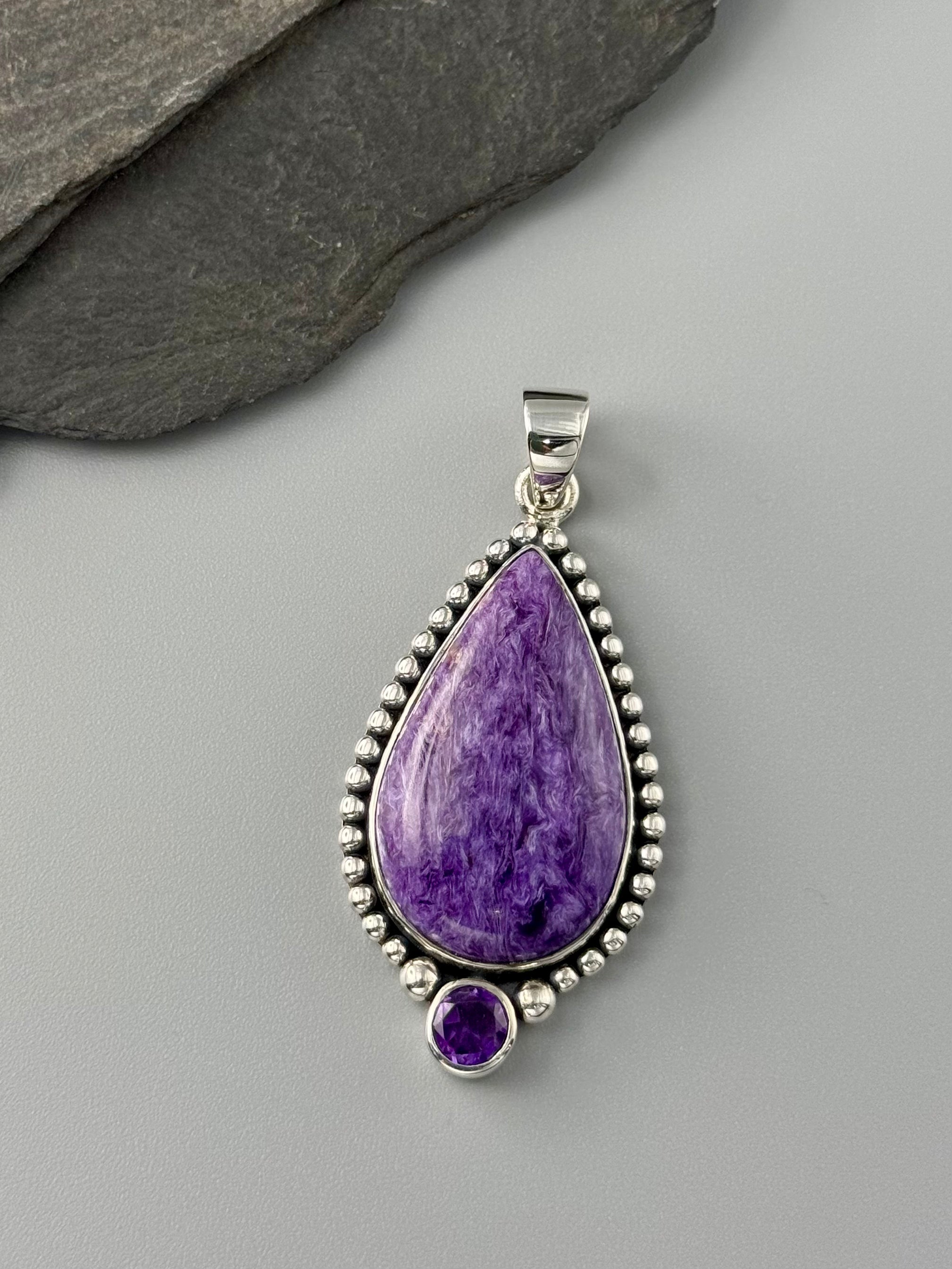 •CHAROITE TEAR + AMETHYST• sterling silver pendant