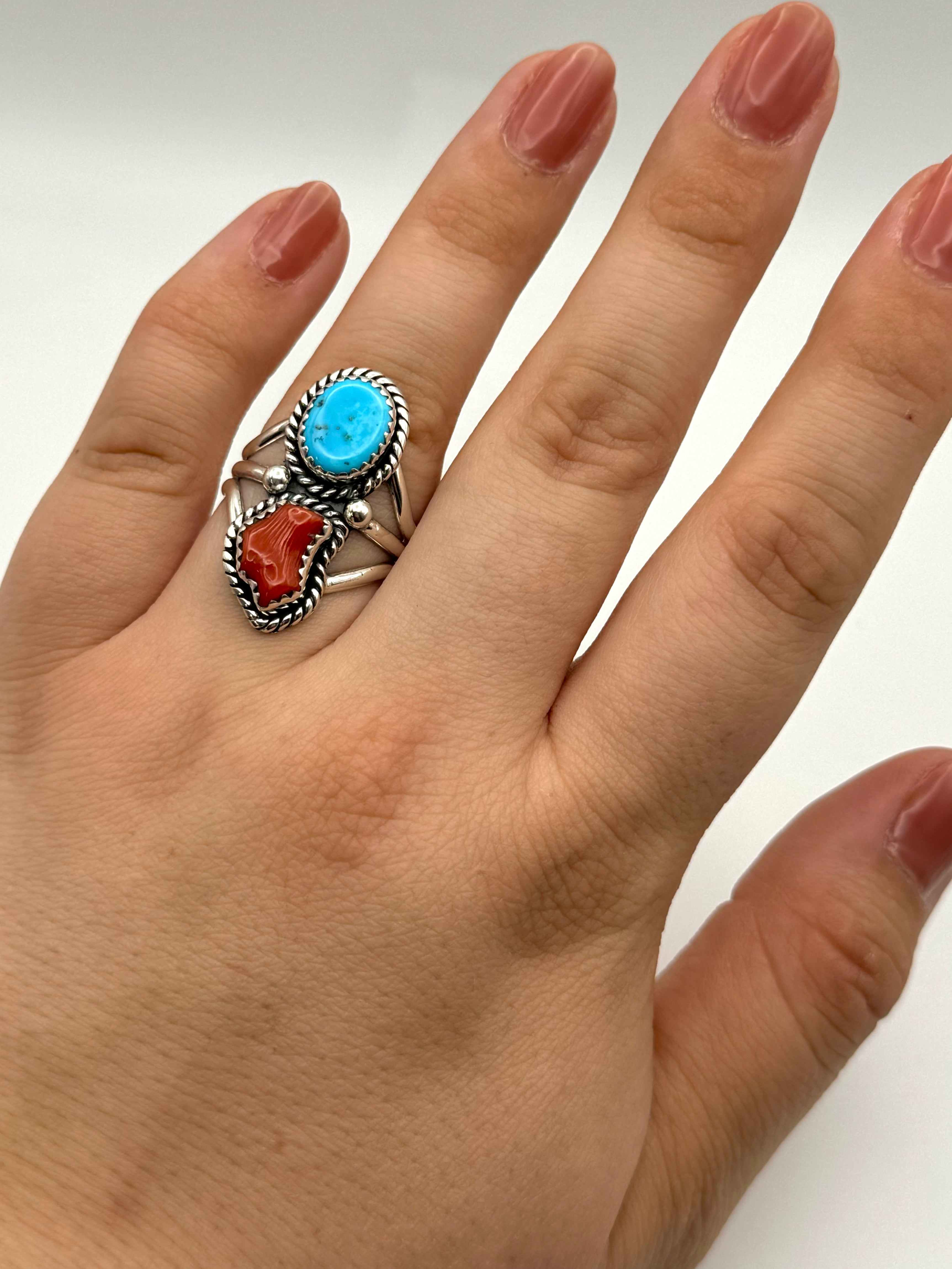 •SLEEPING BEAUTY TURQUOISE & CORAL• Navajo silver double stone ring (size 8.5)