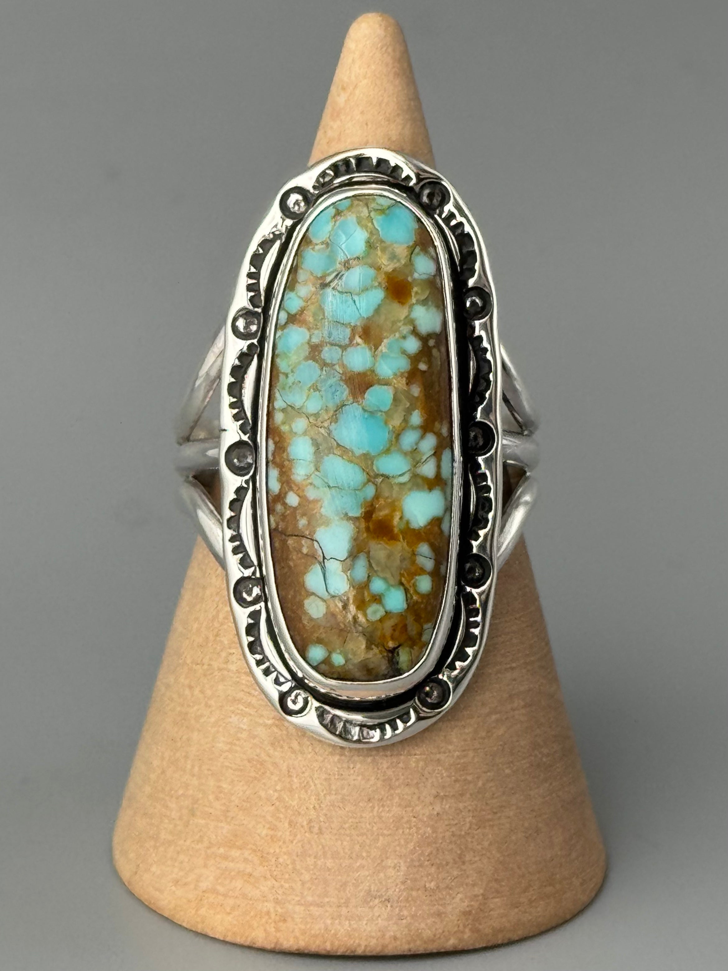 •#8 TURQUOISE - SHÁ• Navajo silver ring (size 10)