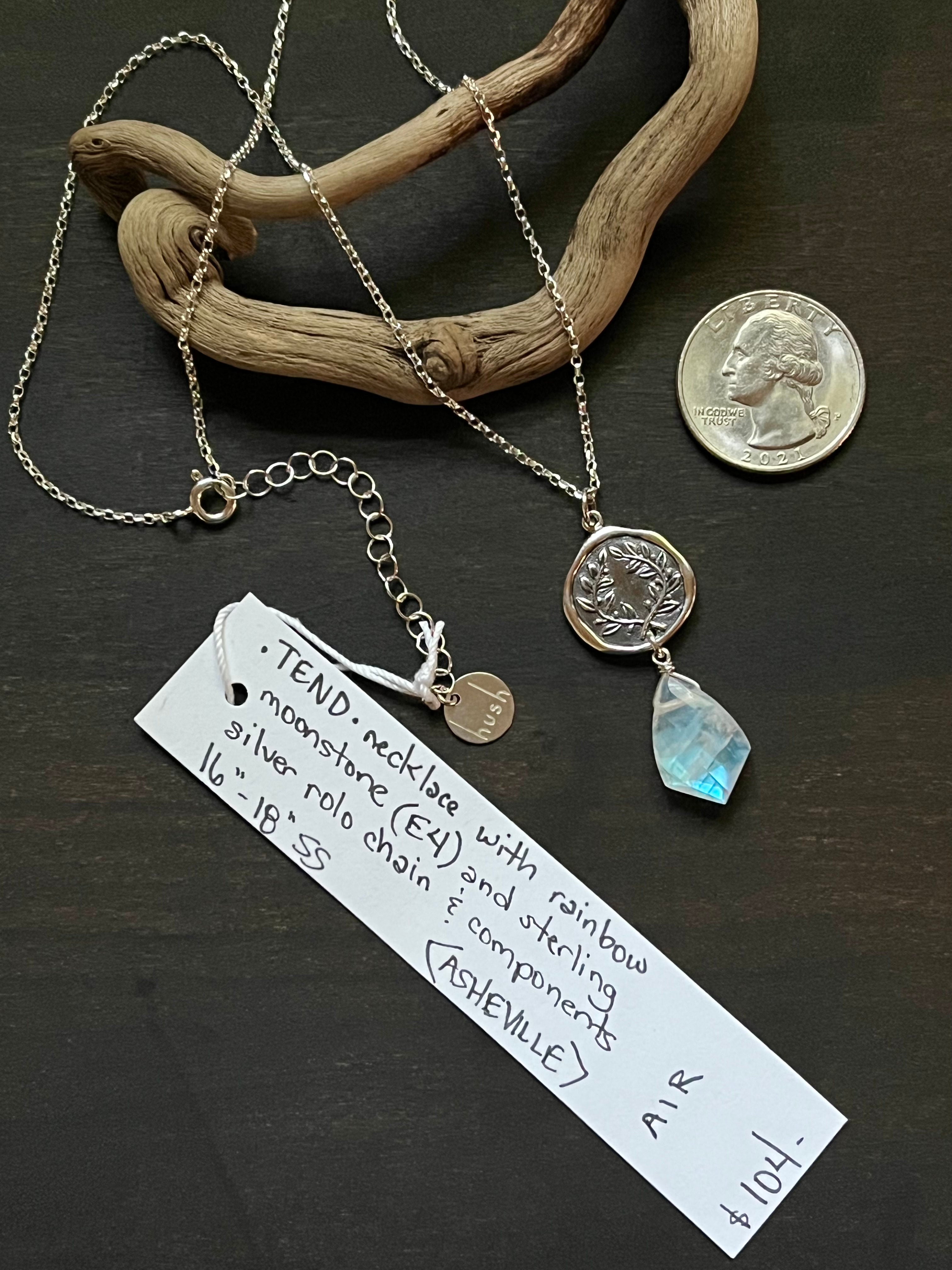 •TEND• rainbow moonstone + laurel leaf coin + sterling silver necklace (16"-18")
