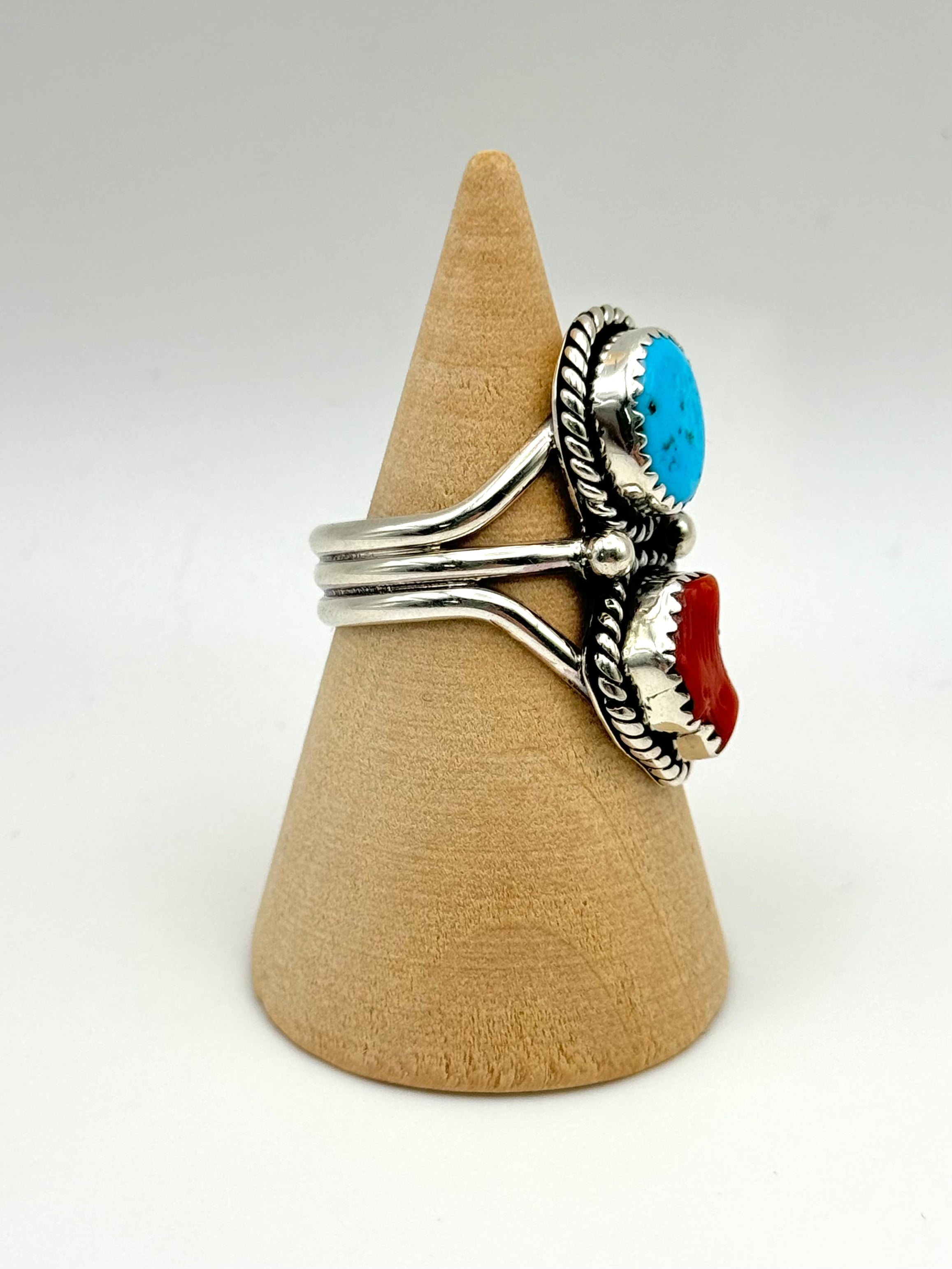 •SLEEPING BEAUTY TURQUOISE & CORAL• Navajo silver double stone ring (size 8.5)