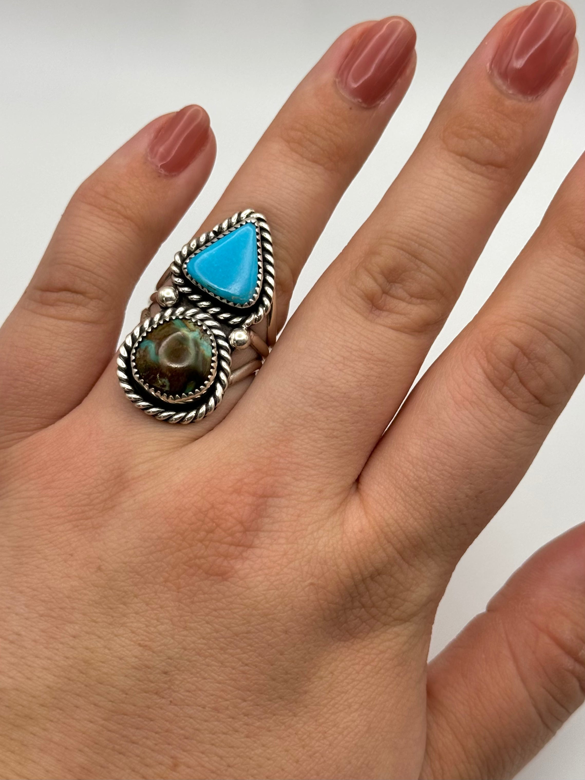 •TURQUOISE DUO• Navajo silver double stone ring (size 8)