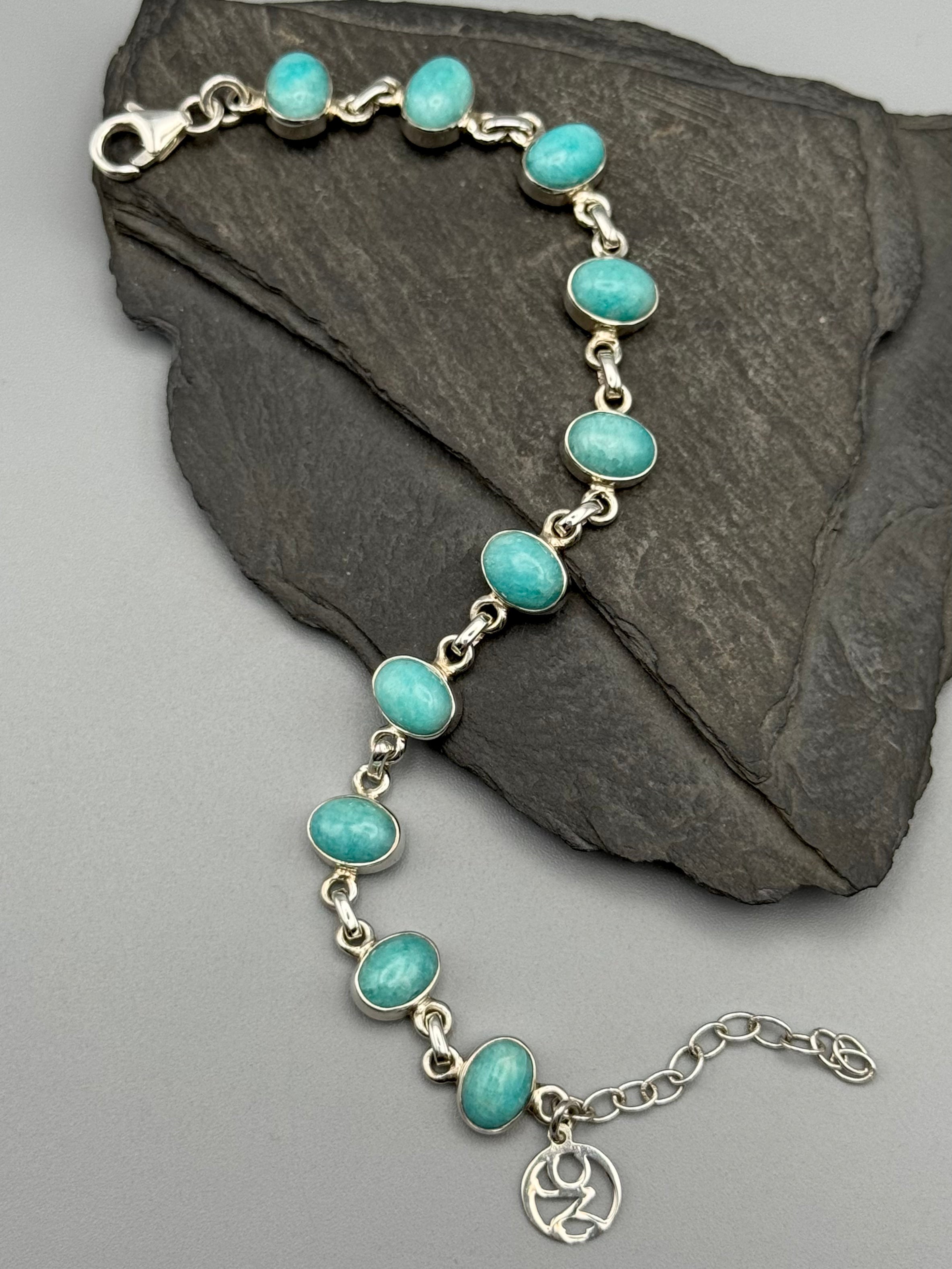 •AMAZONITE - OVAL• linked silver bracelet (6.5" - 7.75")