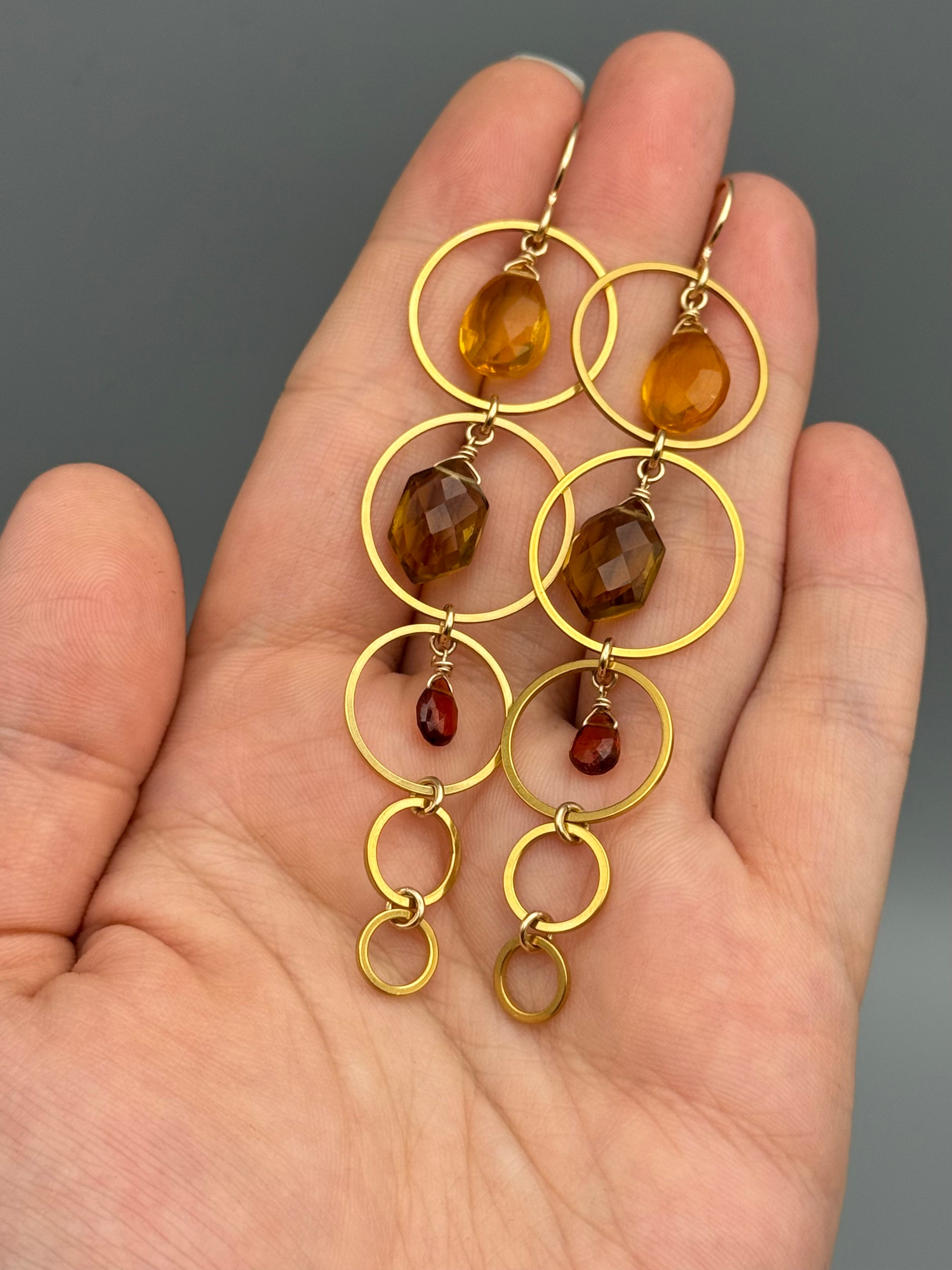 •10 OF CUPS• citrine, smoky quartz + hessonite garnet gold earrings