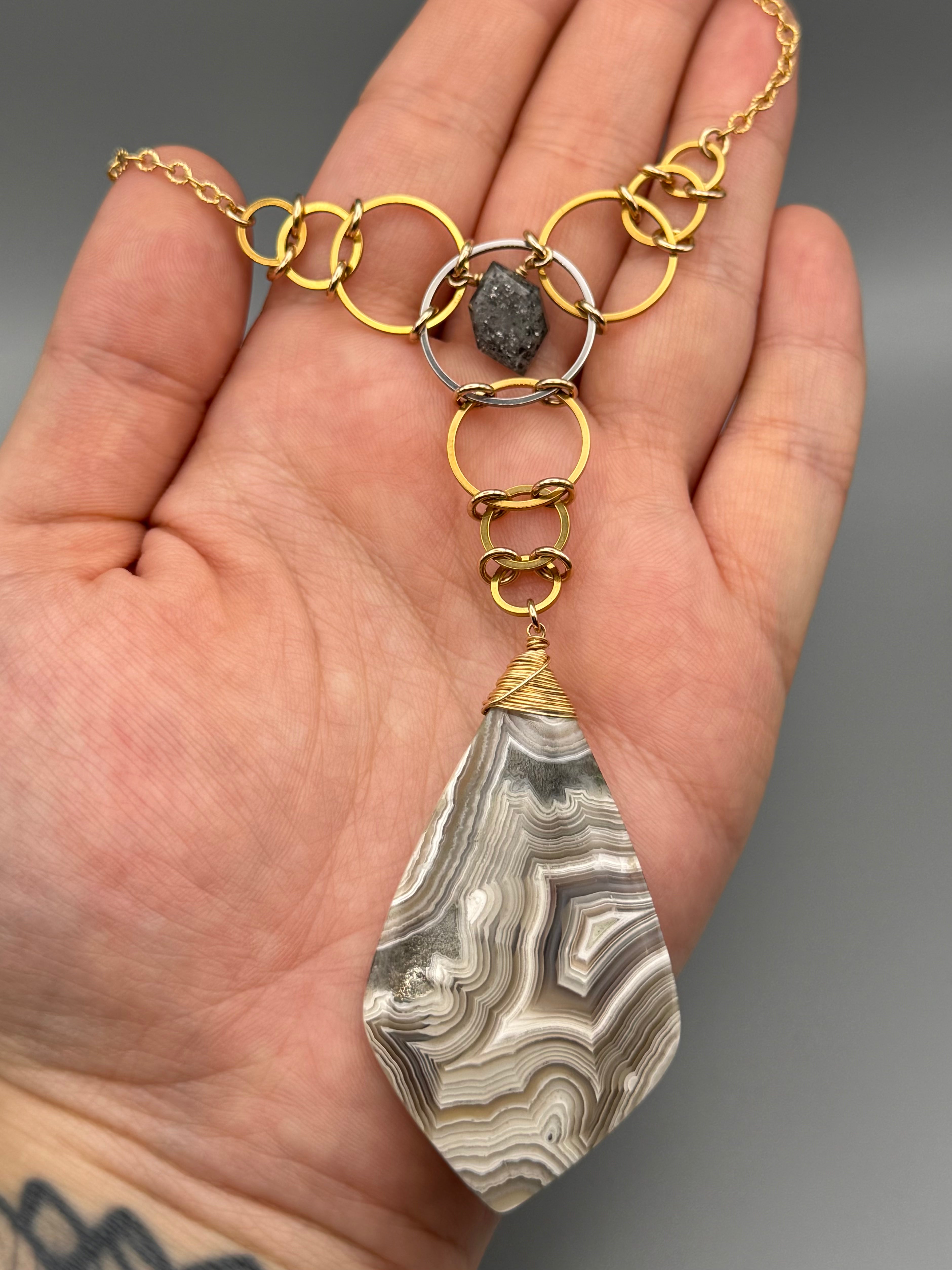 •EOWYN• black aventurine + lace agate mixed metal necklace (17"-19" long)