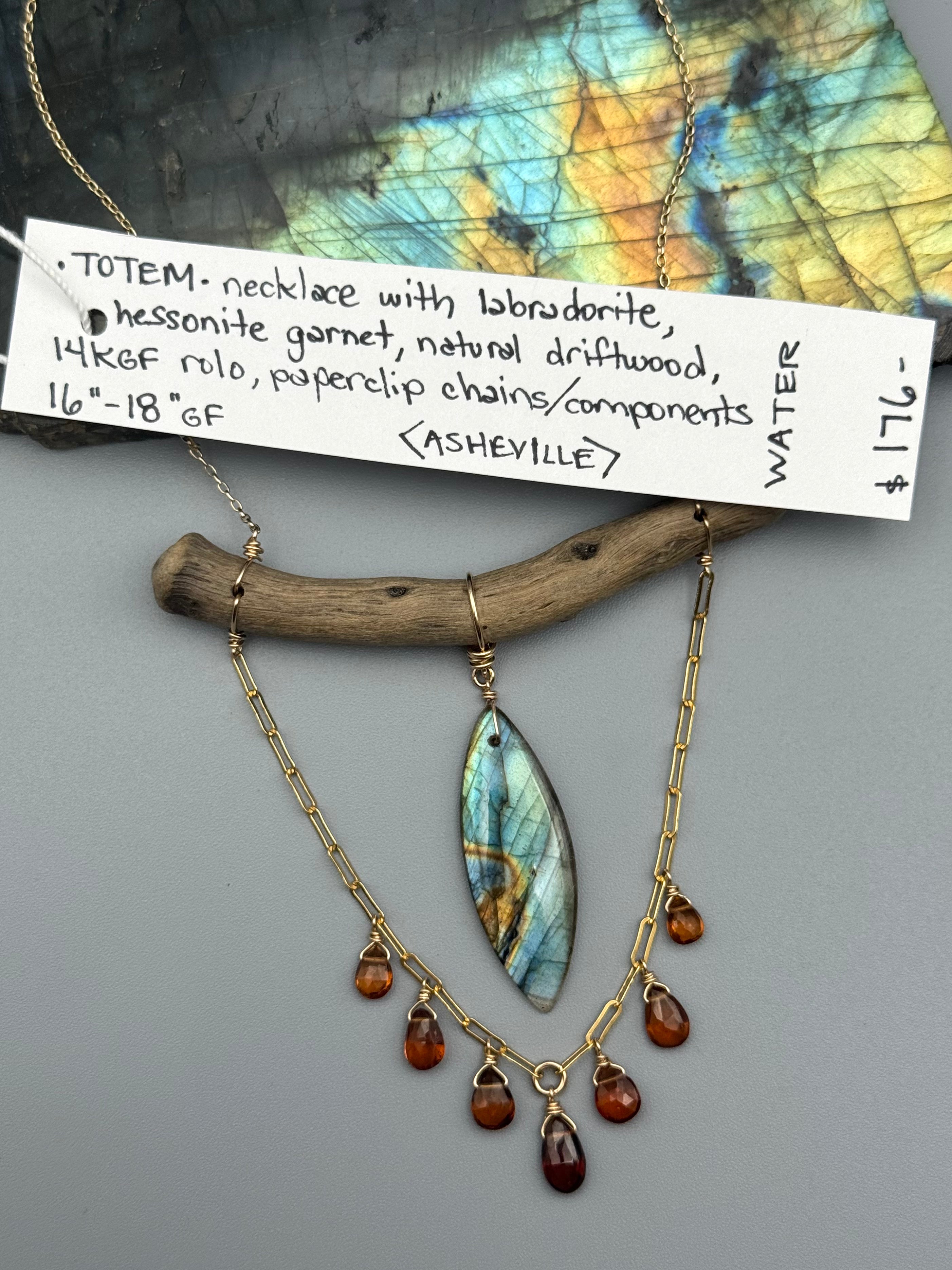 •TOTEM• labradorite + hessonite garnet gold necklace (16"-18" long)