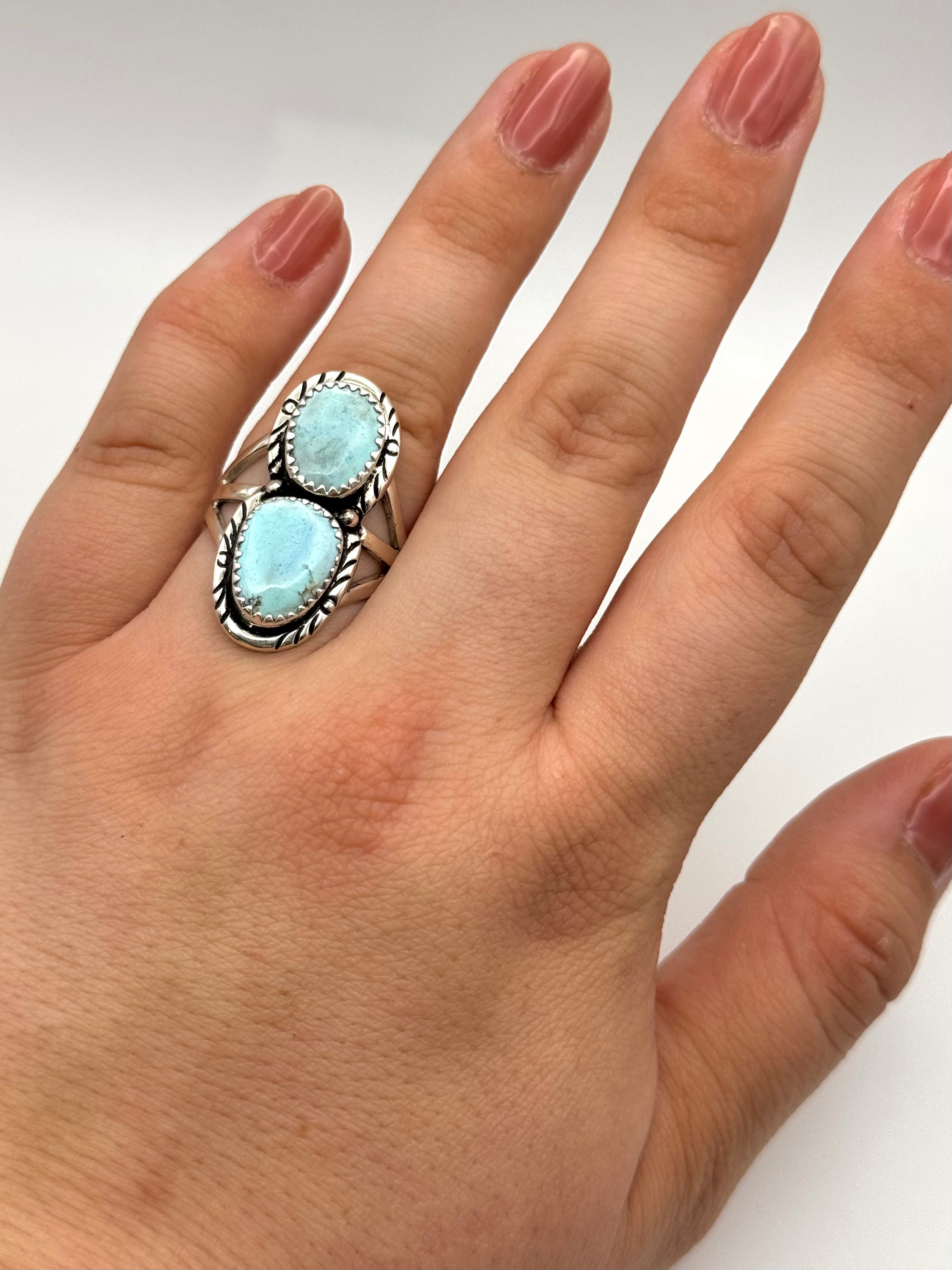 •GOLDEN HILL TURQUOISE• Navajo silver double stone ring (size 7.75)