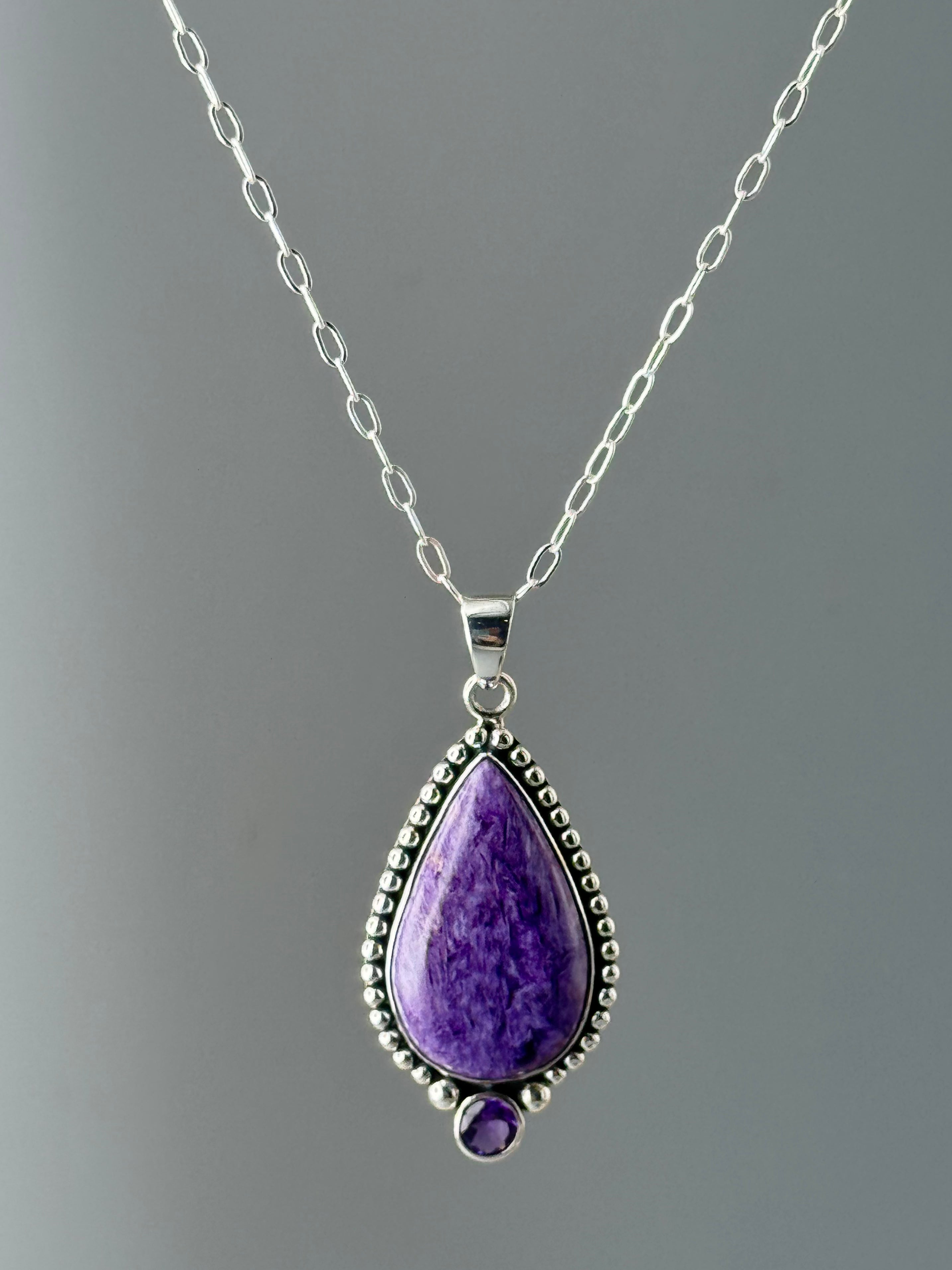 •CHAROITE TEAR + AMETHYST• sterling silver pendant